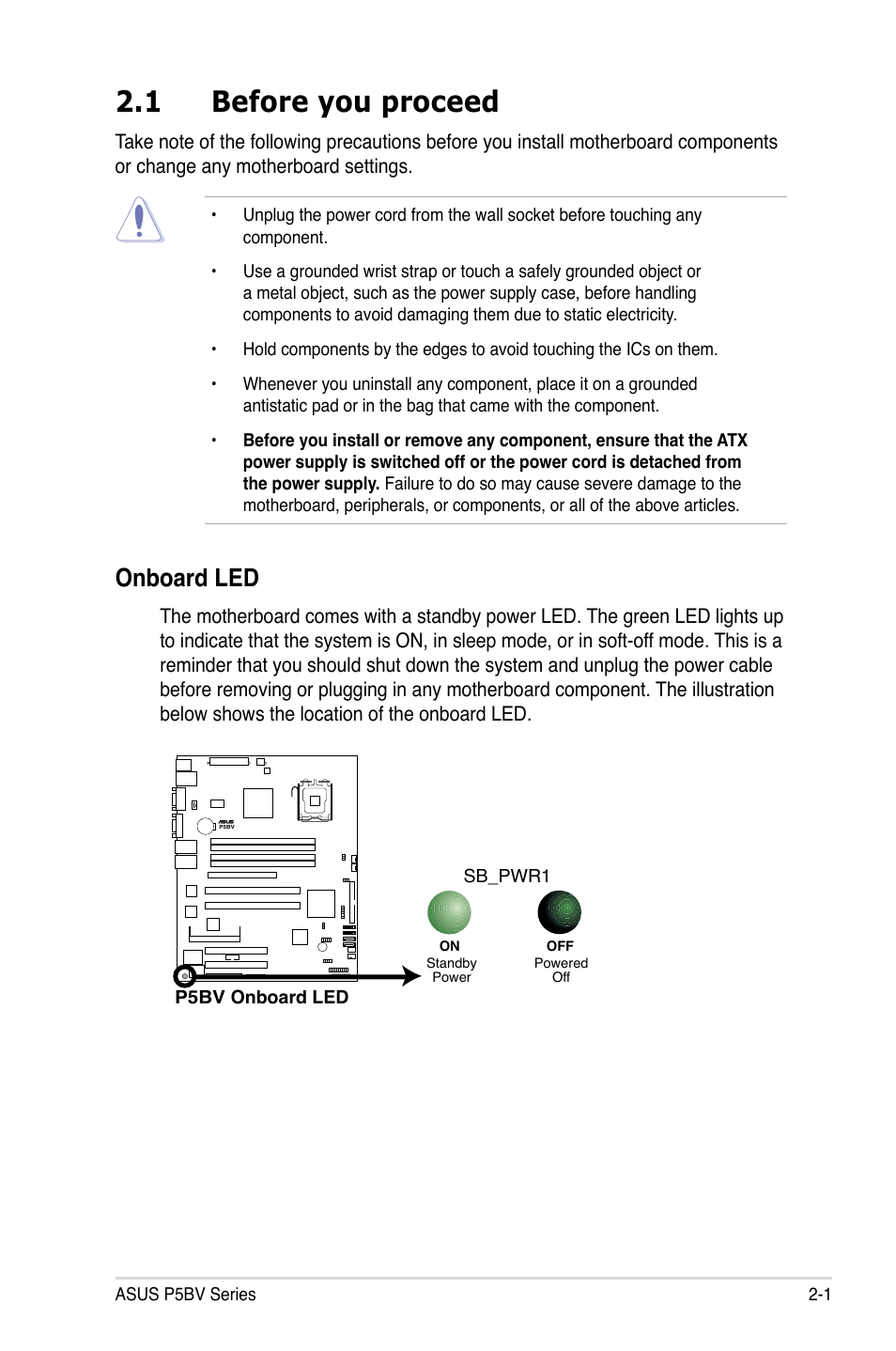 1 before you proceed, Onboard led | Asus P5BV/SAS User Manual | Page 21 / 184