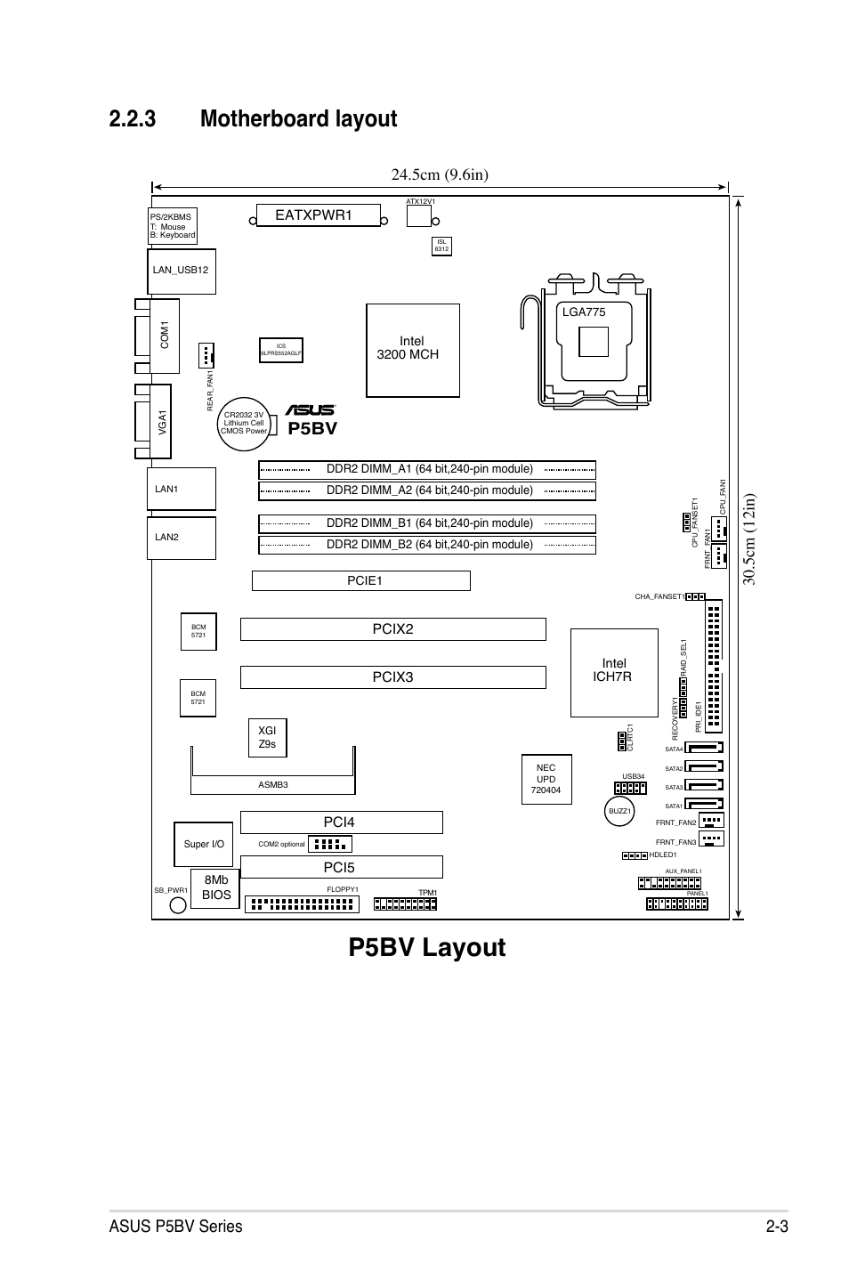 P5bv layout, 3 motherboard layout, Asus p5bv series 2-3 | P5bv, Pcix3 pcix2, Pci4 pci5, Eatxpwr1 | Asus P5BV/SAS User Manual | Page 23 / 184