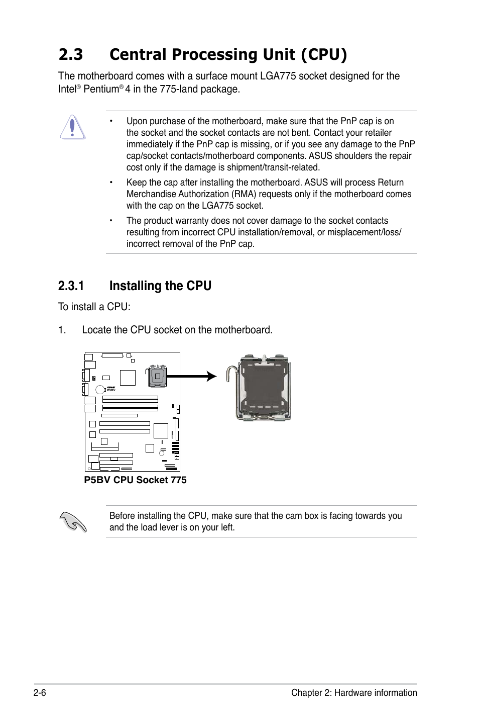 3 central processing unit (cpu), 1 installing the cpu | Asus P5BV/SAS User Manual | Page 26 / 184