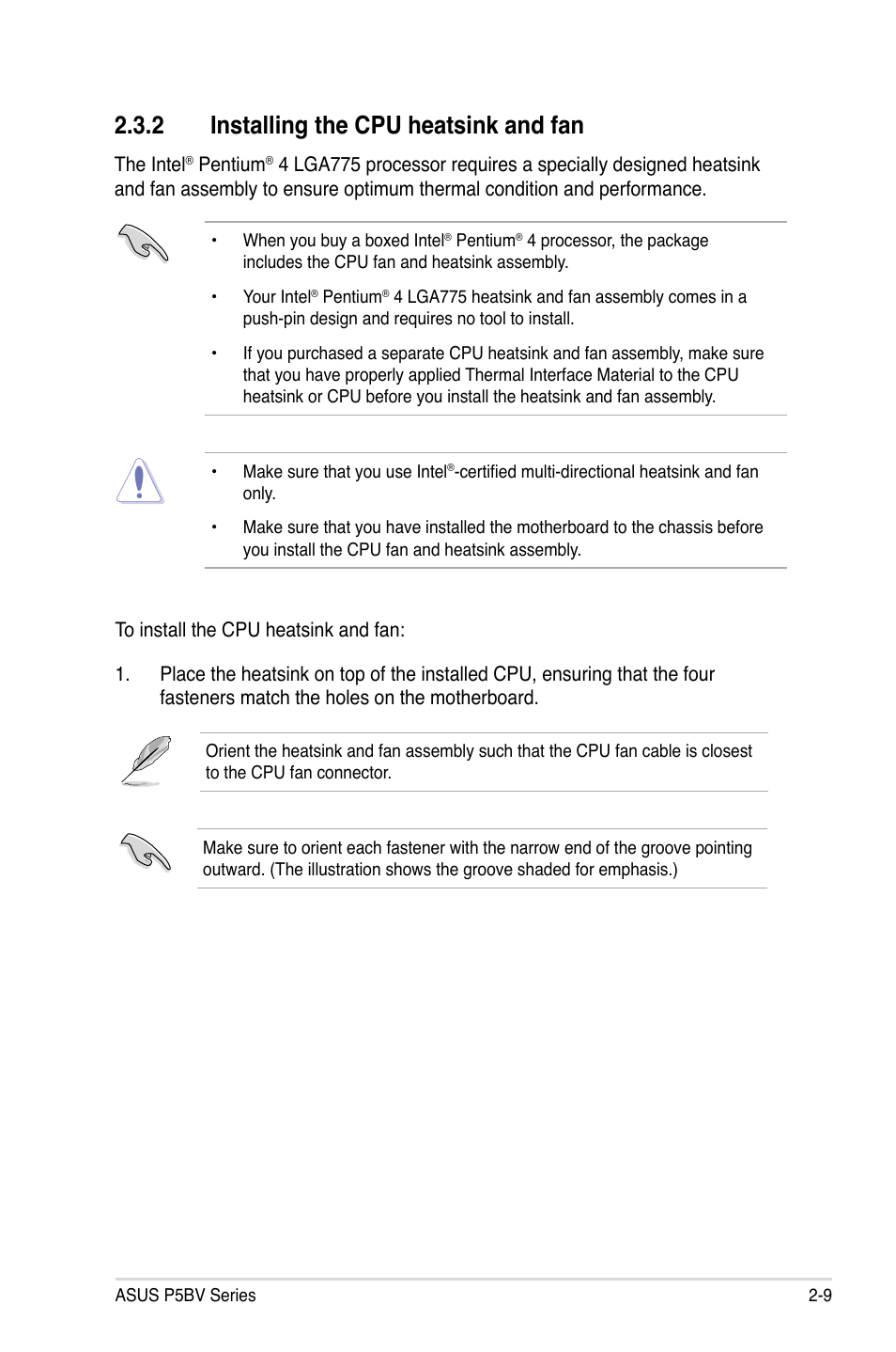 2 installing the cpu heatsink and fan | Asus P5BV/SAS User Manual | Page 29 / 184