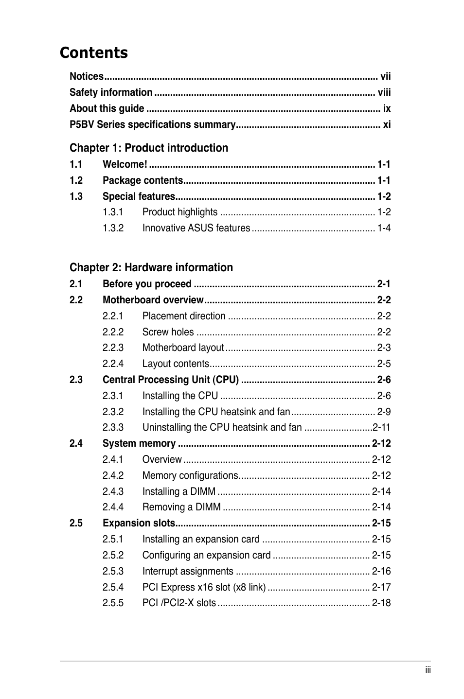 Asus P5BV/SAS User Manual | Page 3 / 184