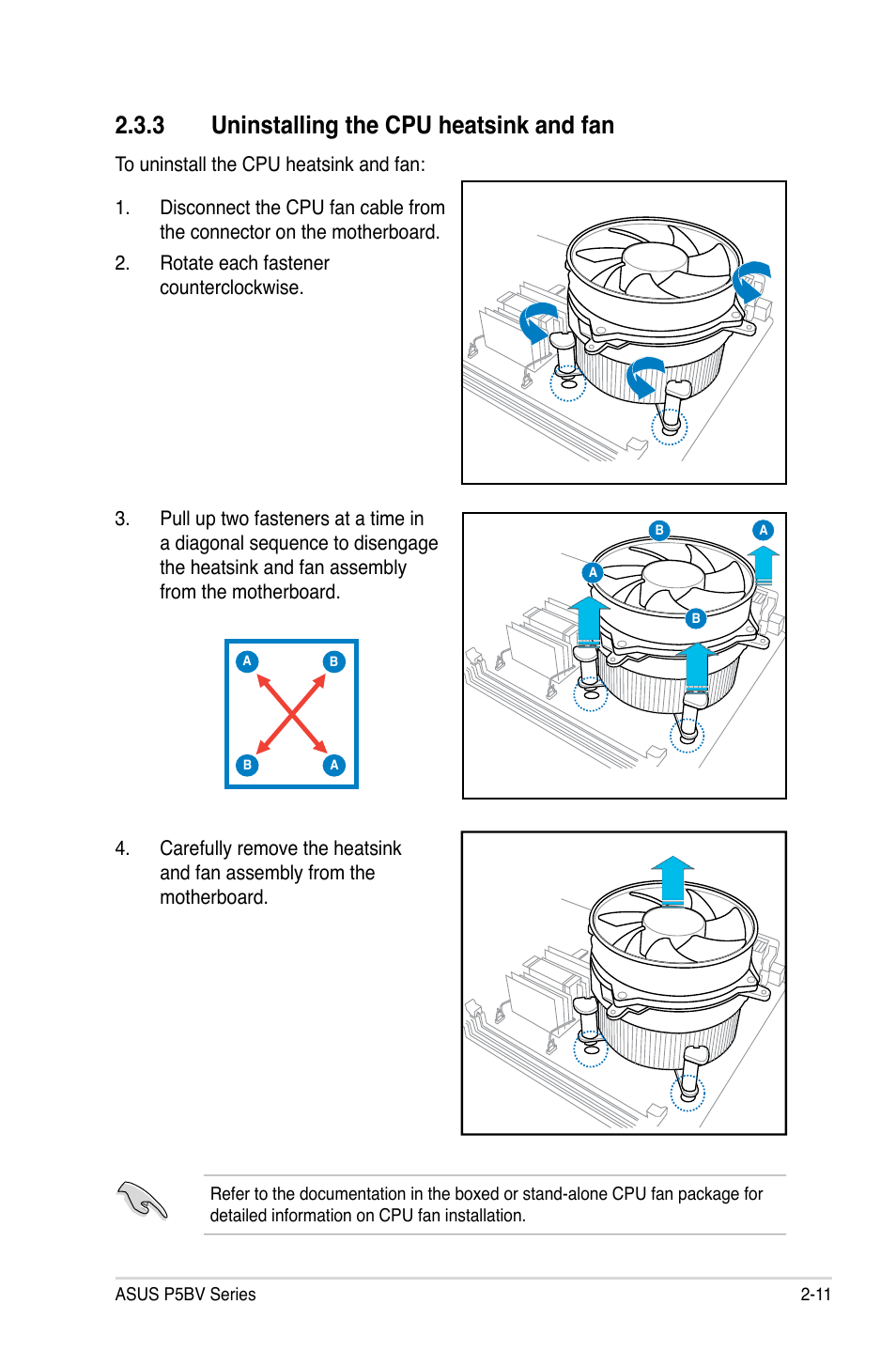 3 uninstalling the cpu heatsink and fan | Asus P5BV/SAS User Manual | Page 31 / 184