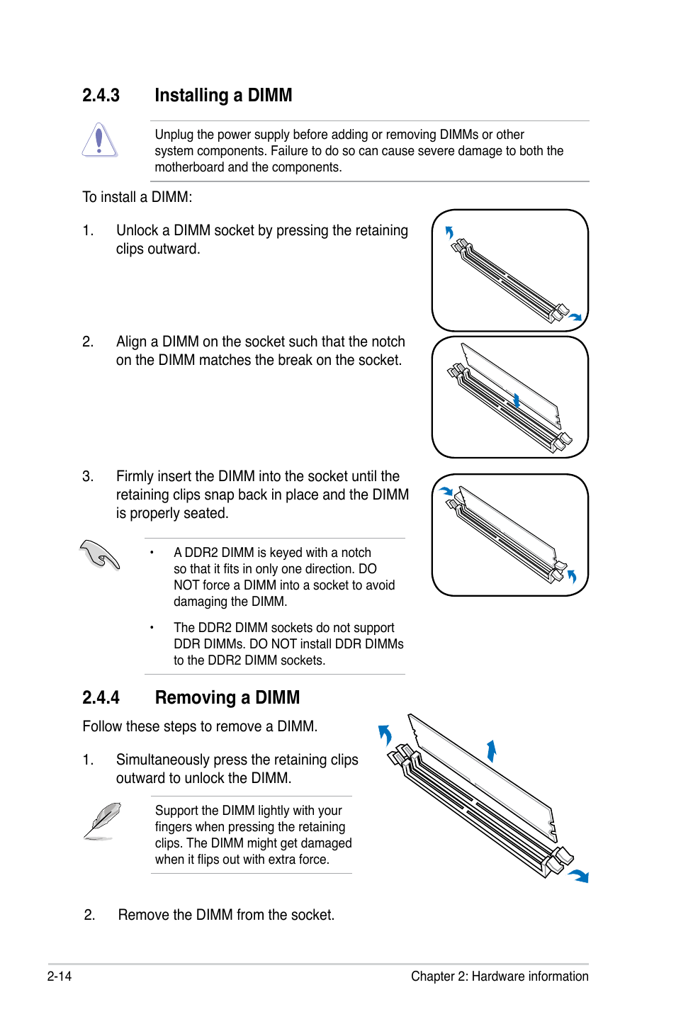 3 installing a dimm, 4 removing a dimm | Asus P5BV/SAS User Manual | Page 34 / 184