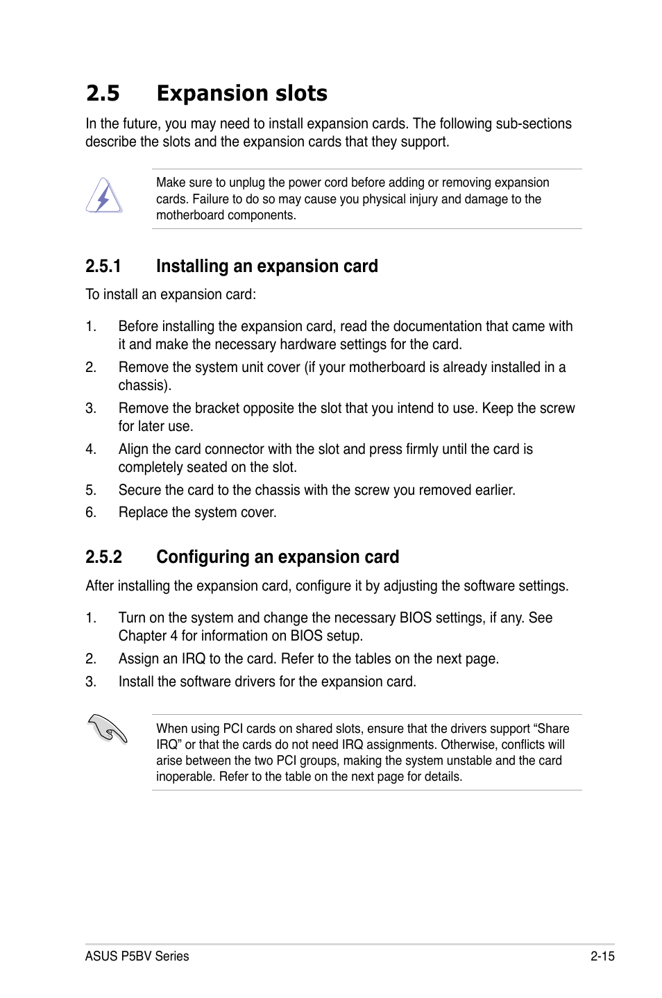 5 expansion slots, 1 installing an expansion card, 2 configuring an expansion card | Asus P5BV/SAS User Manual | Page 35 / 184