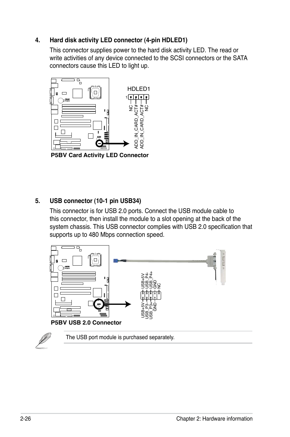 26 chapter 2: hardware information, P5bv card activity led connector, Hdled1 | The usb port module is purchased separately, P5bv usb 2.0 connector | Asus P5BV/SAS User Manual | Page 46 / 184