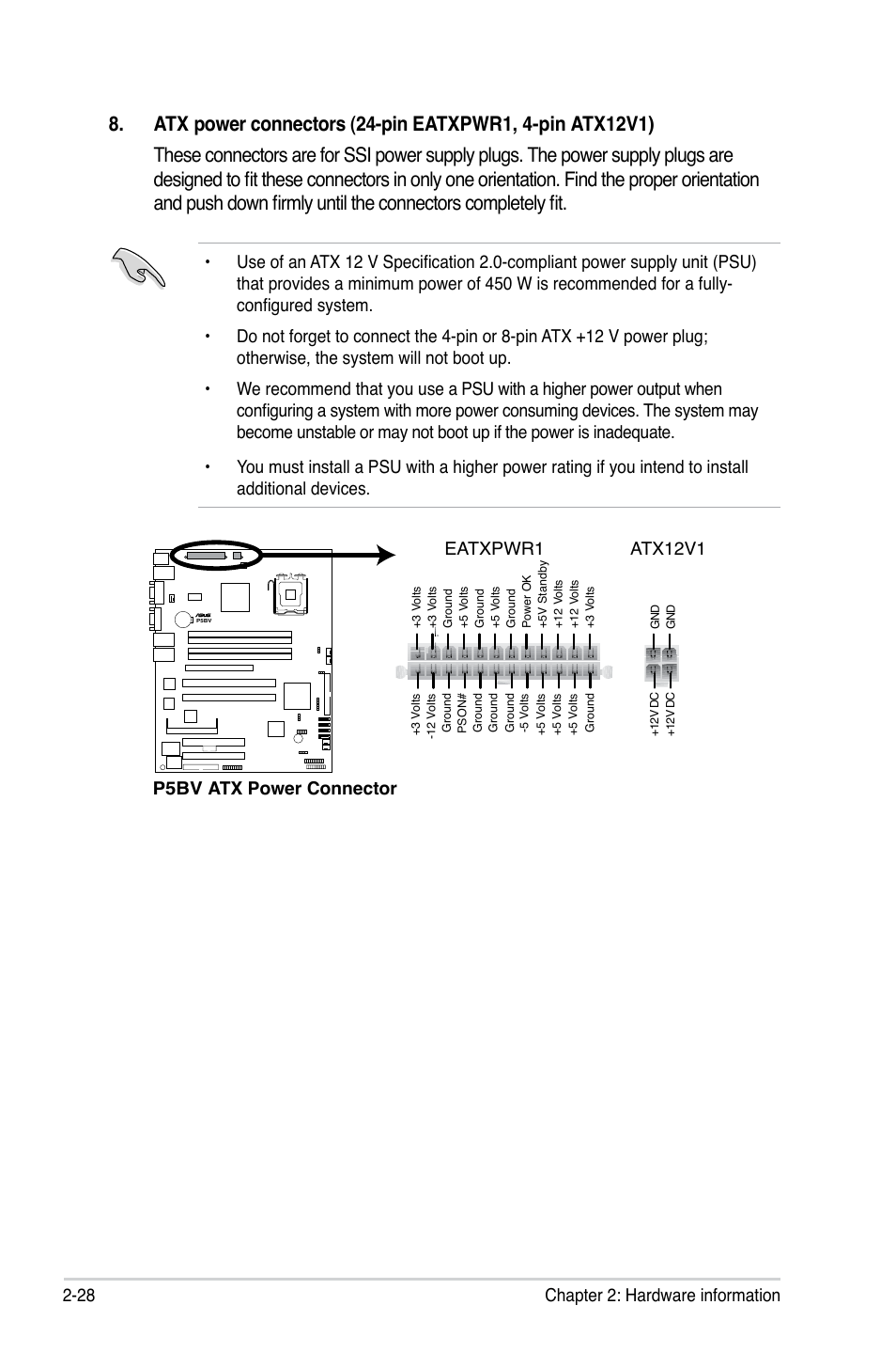 28 chapter 2: hardware information, P5bv atx power connector, Eatxpwr1 atx12v1 | Asus P5BV/SAS User Manual | Page 48 / 184