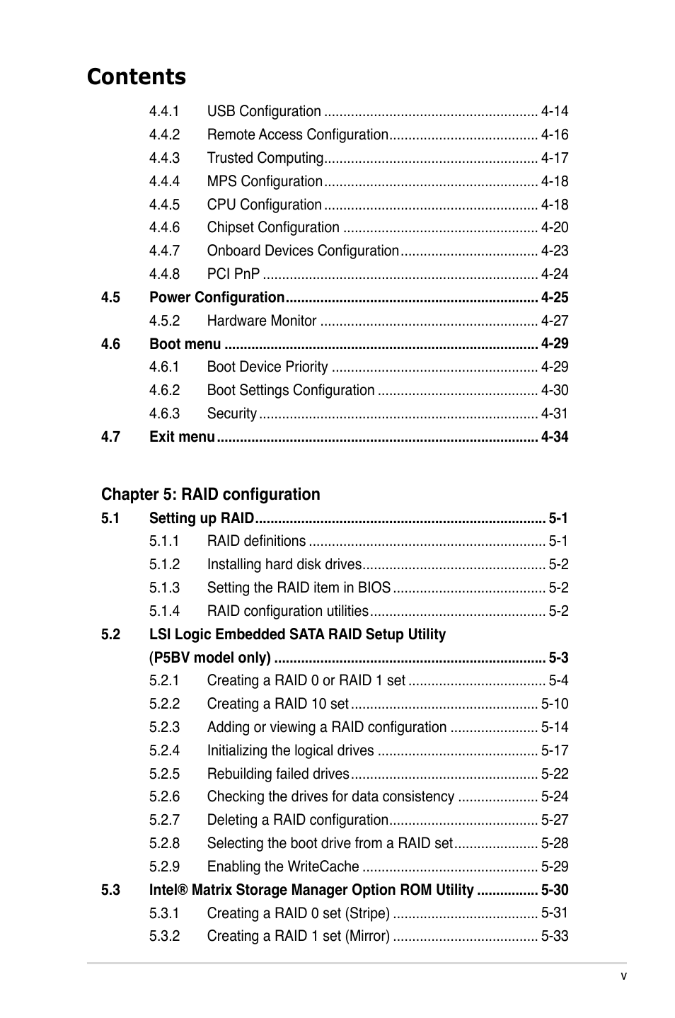 Asus P5BV/SAS User Manual | Page 5 / 184