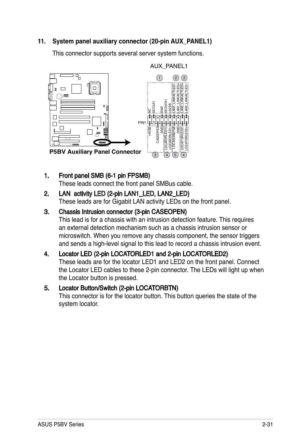 Asus p5bv series 2-31, P5bv auxiliary panel connector aux_panel1 | Asus P5BV/SAS User Manual | Page 51 / 184