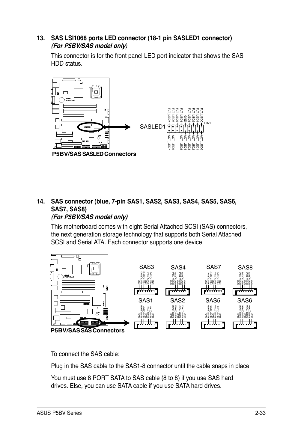 For p5bv/sas model only), For p5bv/sas model only, Asus p5bv series 2-33 | Sas5 sas7 sas6 sas8, P5bv/sas sasled connectors, Sasled1 | Asus P5BV/SAS User Manual | Page 53 / 184
