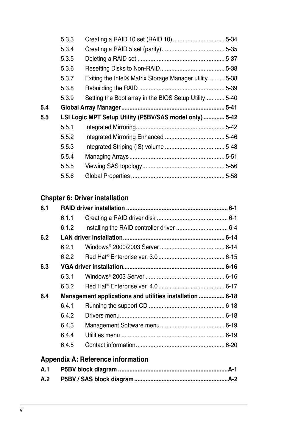 Chapter 6: driver installation, Appendix a: reference information | Asus P5BV/SAS User Manual | Page 6 / 184