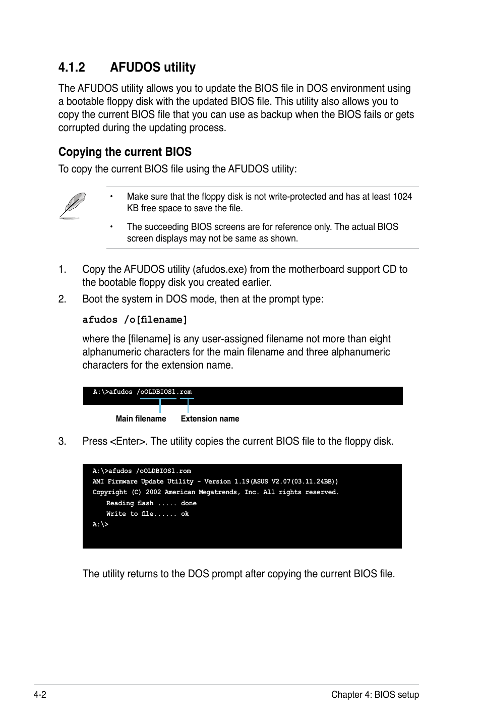 2 afudos utility, Copying the current bios | Asus P5BV/SAS User Manual | Page 62 / 184