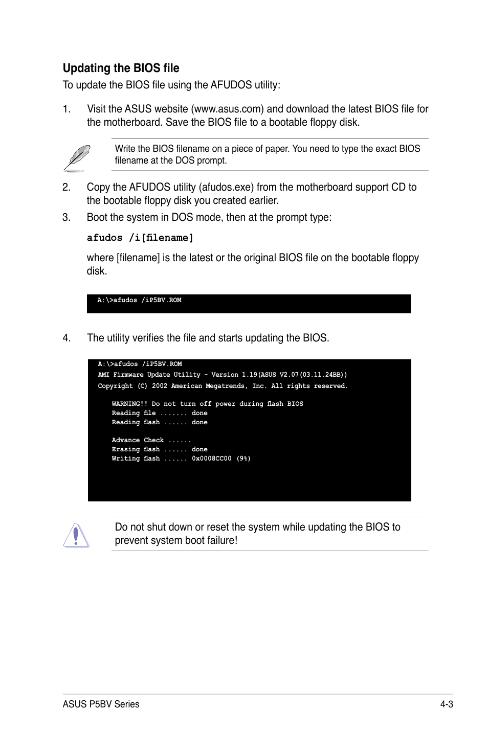 Updating the bios file | Asus P5BV/SAS User Manual | Page 63 / 184