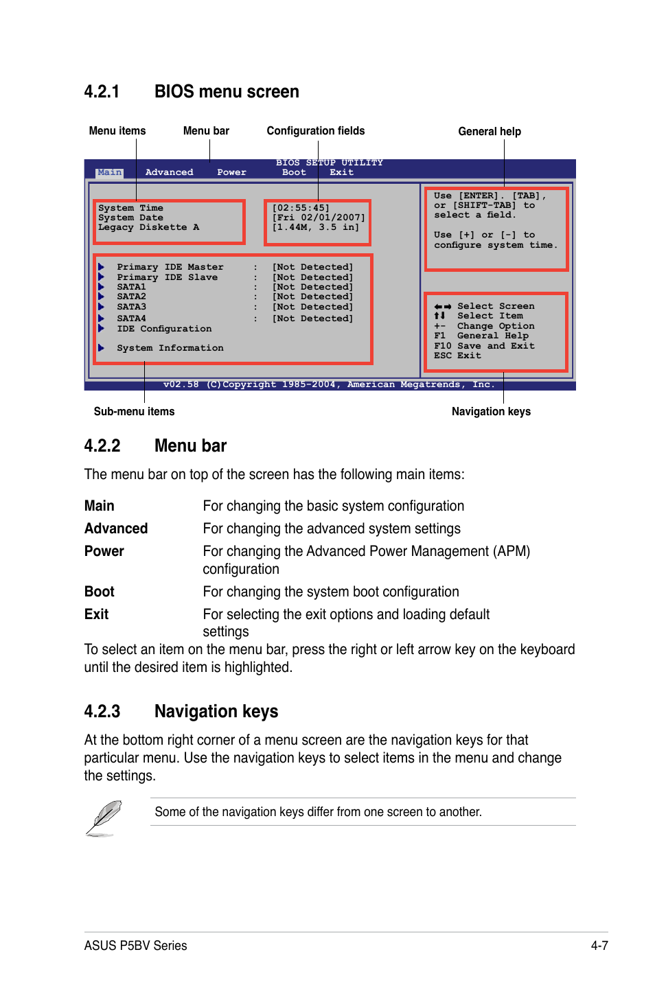 2 menu bar, 3 navigation keys, 1 bios menu screen | Asus P5BV/SAS User Manual | Page 67 / 184