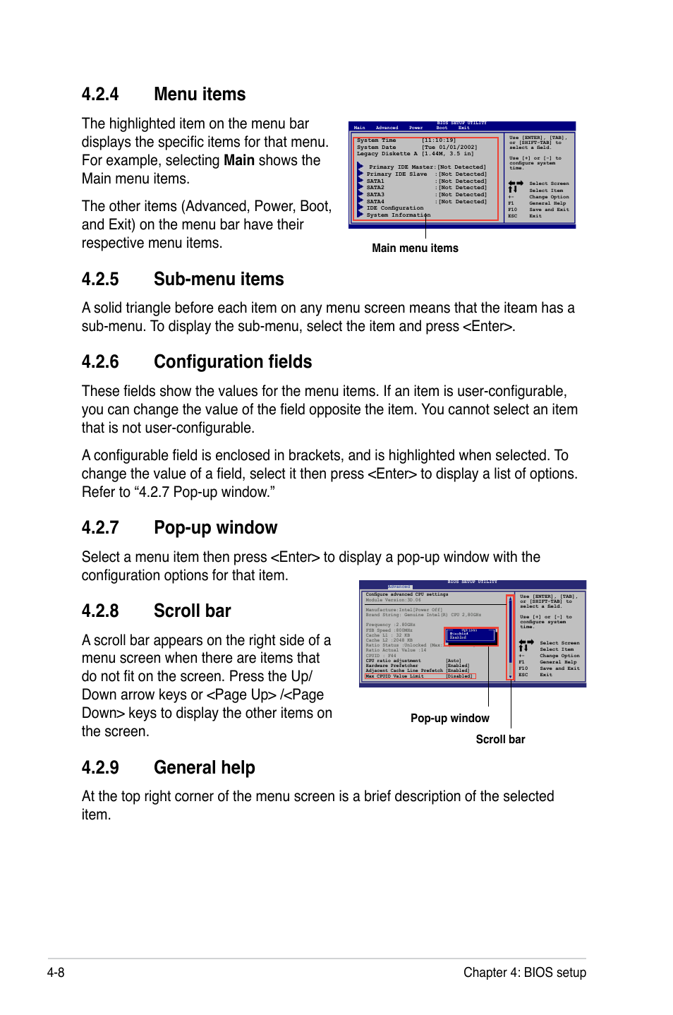 4 menu items, 5 sub-menu items, 6 configuration fields | 7 pop-up window, 8 scroll bar, 9 general help, 8 chapter 4: bios setup | Asus P5BV/SAS User Manual | Page 68 / 184