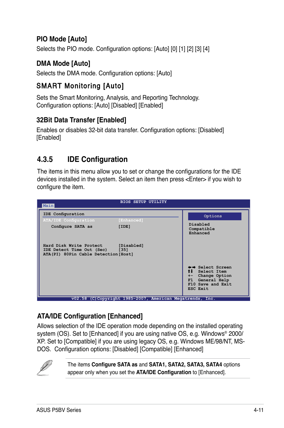 5 ide configuration, Pio mode [auto, Dma mode [auto | Smart monitoring [auto, 32bit data transfer [enabled, Ata/ide configuration [enhanced | Asus P5BV/SAS User Manual | Page 71 / 184