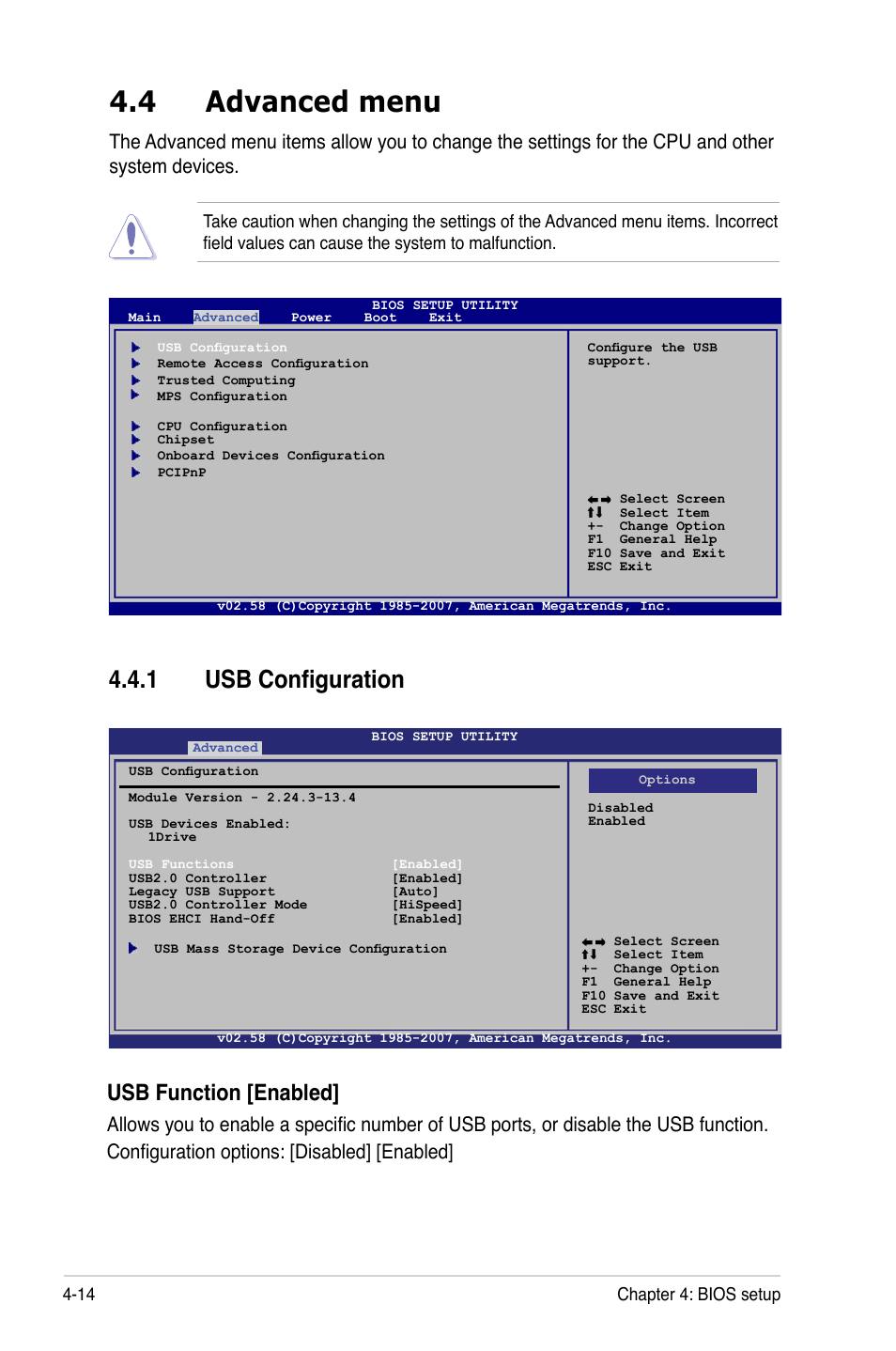 4 advanced menu, 1 usb configuration, Usb function [enabled | Asus P5BV/SAS User Manual | Page 74 / 184