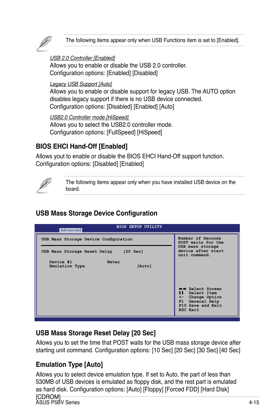 Bios ehci hand-off [enabled, Emulation type [auto | Asus P5BV/SAS User Manual | Page 75 / 184