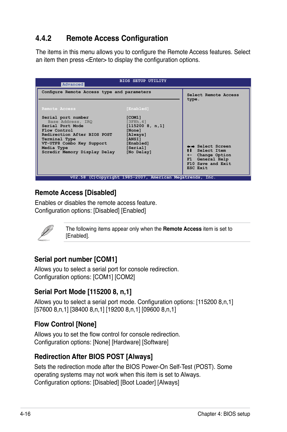 2 remote access configuration, Remote access [disabled, Serial port number [com1 | Flow control [none, Redirection after bios post [always | Asus P5BV/SAS User Manual | Page 76 / 184