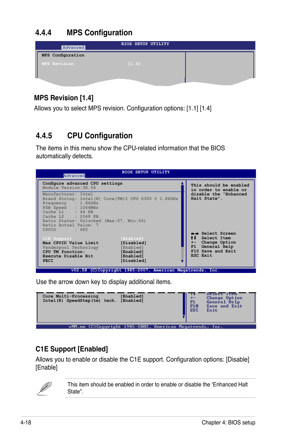 4 mps configuration, 5 cpu configuration, Mps revision [1.4 | C1e support [enabled, Use the arrow down key to display additional items | Asus P5BV/SAS User Manual | Page 78 / 184