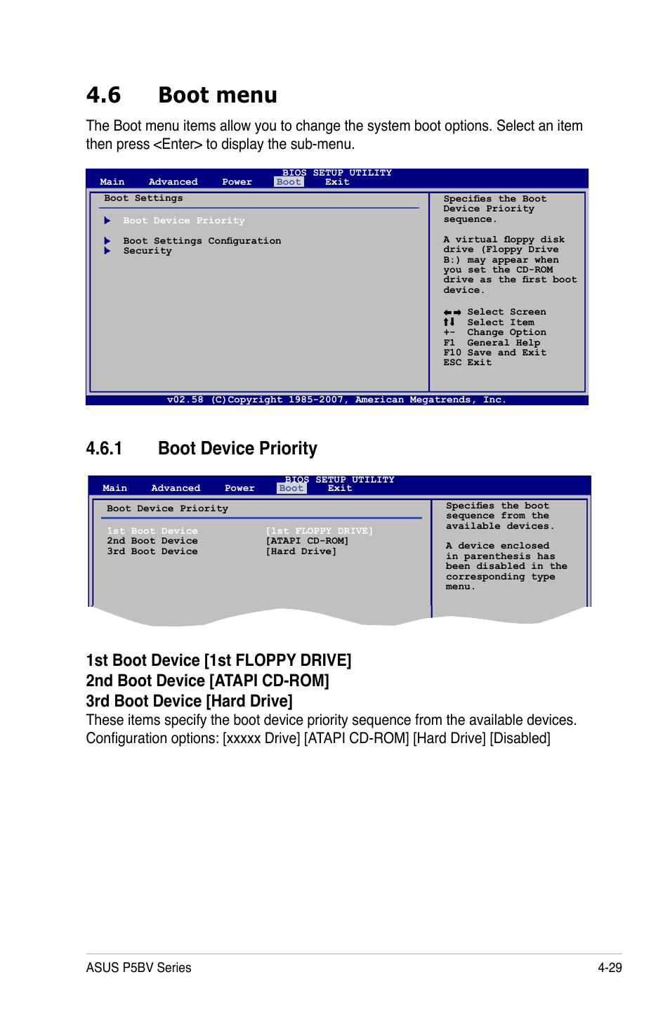 6 boot menu, 1 boot device priority | Asus P5BV/SAS User Manual | Page 89 / 184