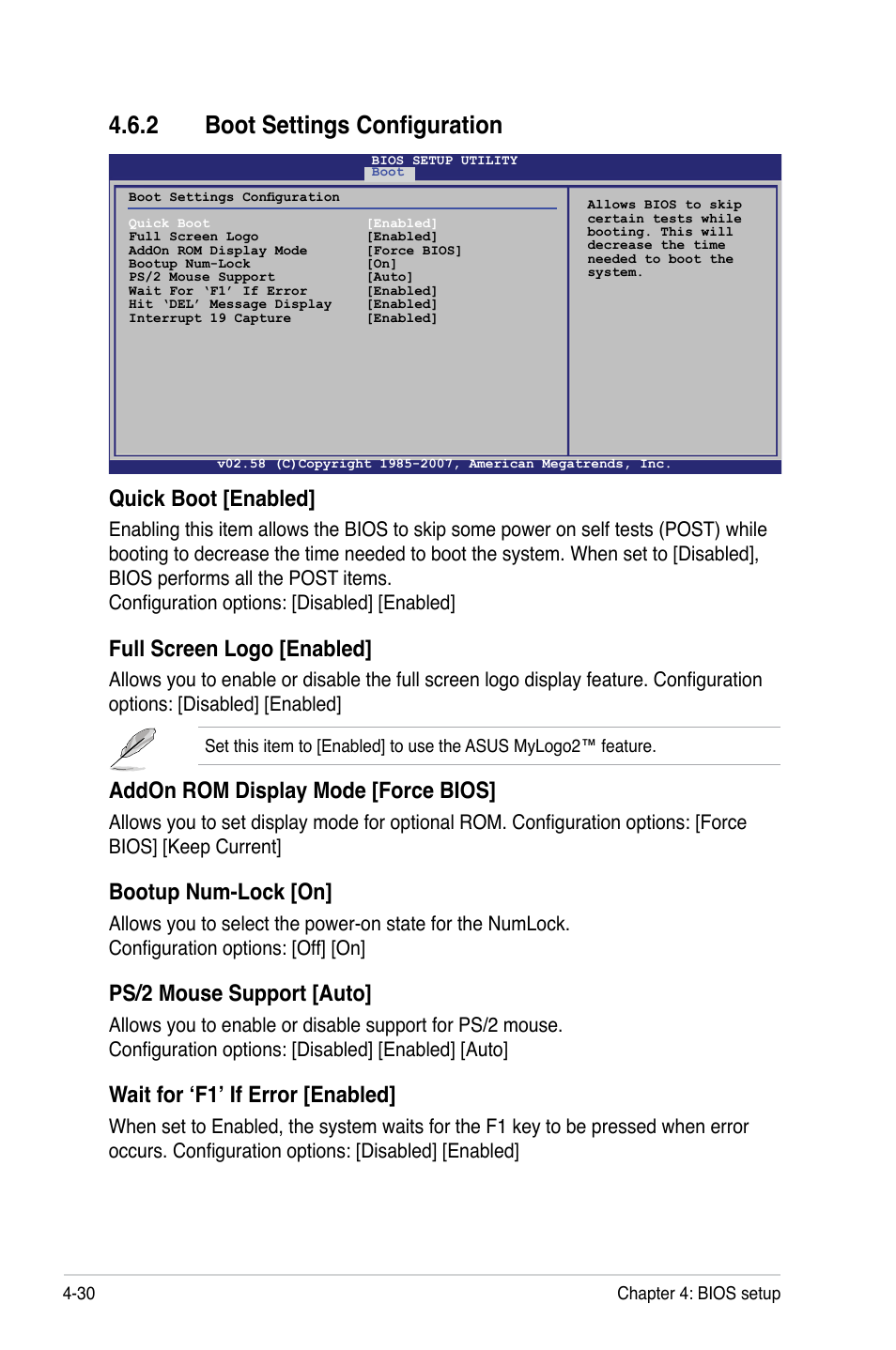 2 boot settings configuration, Quick boot [enabled, Full screen logo [enabled | Addon rom display mode [force bios, Bootup num-lock [on, Ps/2 mouse support [auto, Wait for ‘f1’ if error [enabled | Asus P5BV/SAS User Manual | Page 90 / 184
