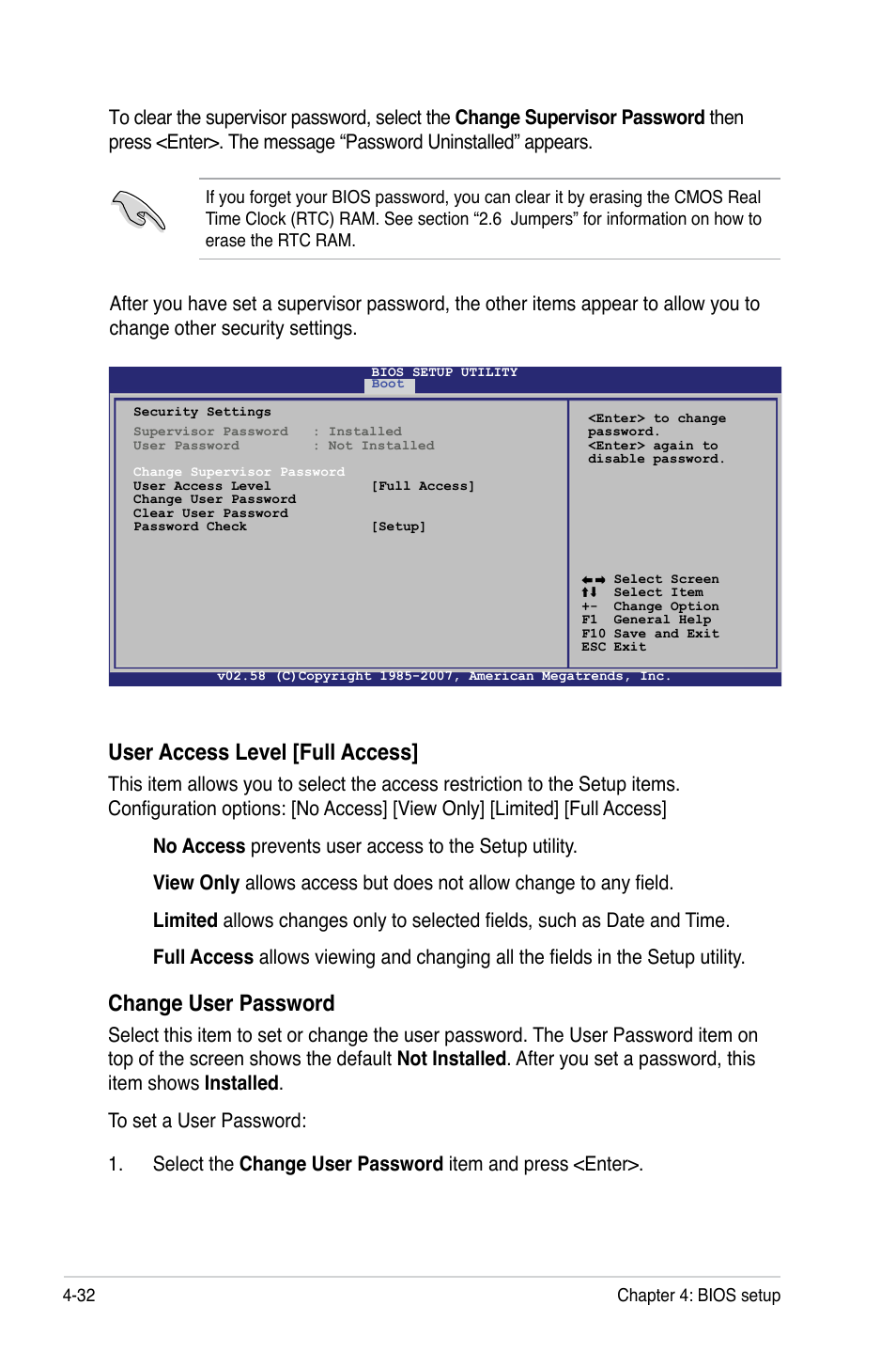 User access level [full access, Change user password | Asus P5BV/SAS User Manual | Page 92 / 184