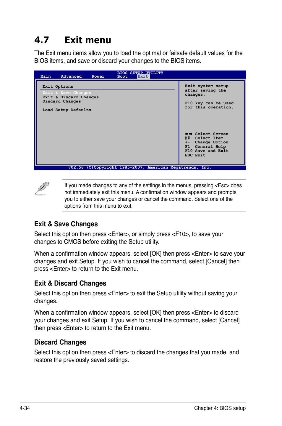 7 exit menu, Exit & save changes, Exit & discard changes | Discard changes | Asus P5BV/SAS User Manual | Page 94 / 184