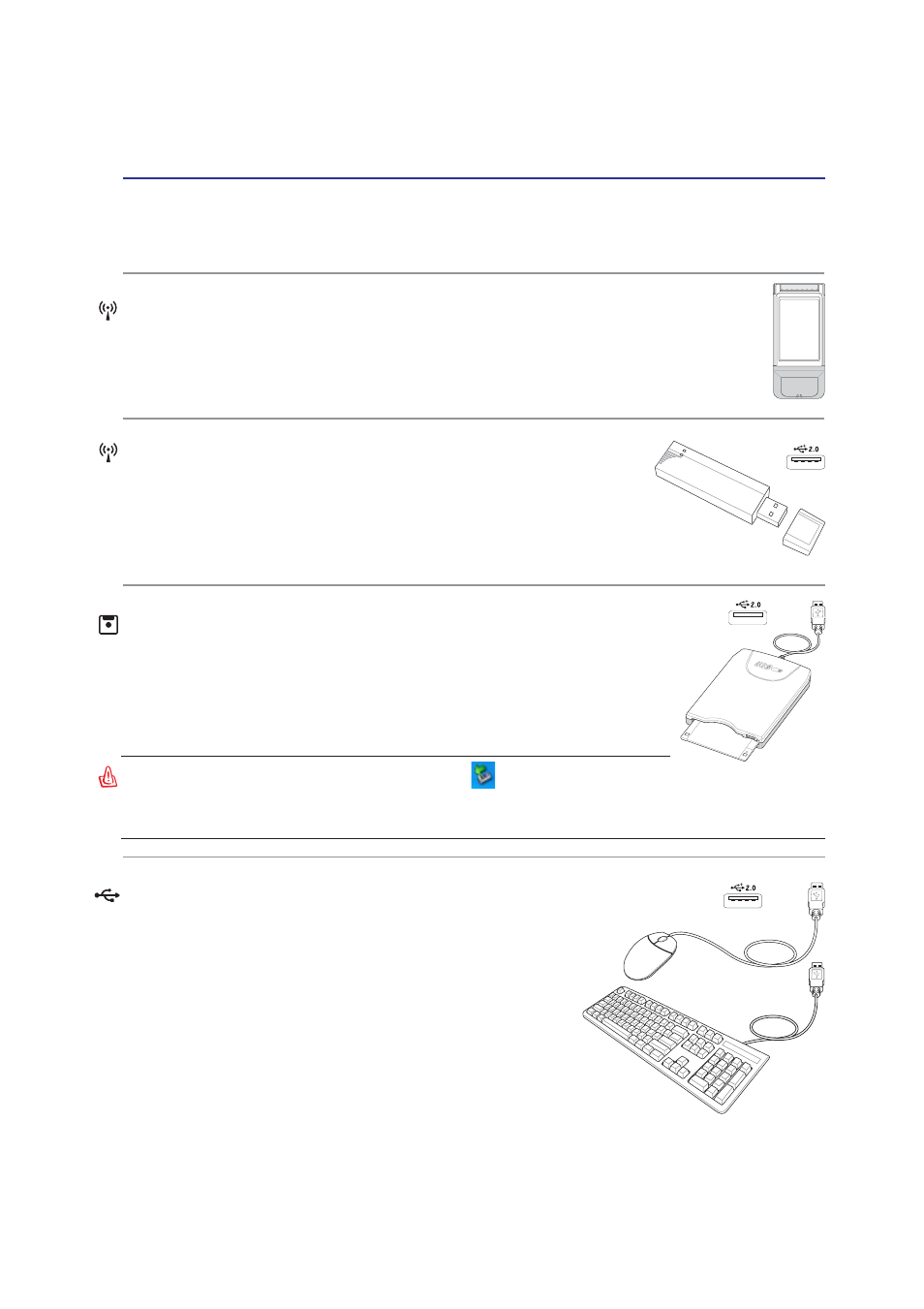 Optional accessories (cont.), Wireless lan card, Wireless lan usb adapter | Usb keyboard and mouse, Usb floppy disk drive | Asus Z94L User Manual | Page 51 / 70