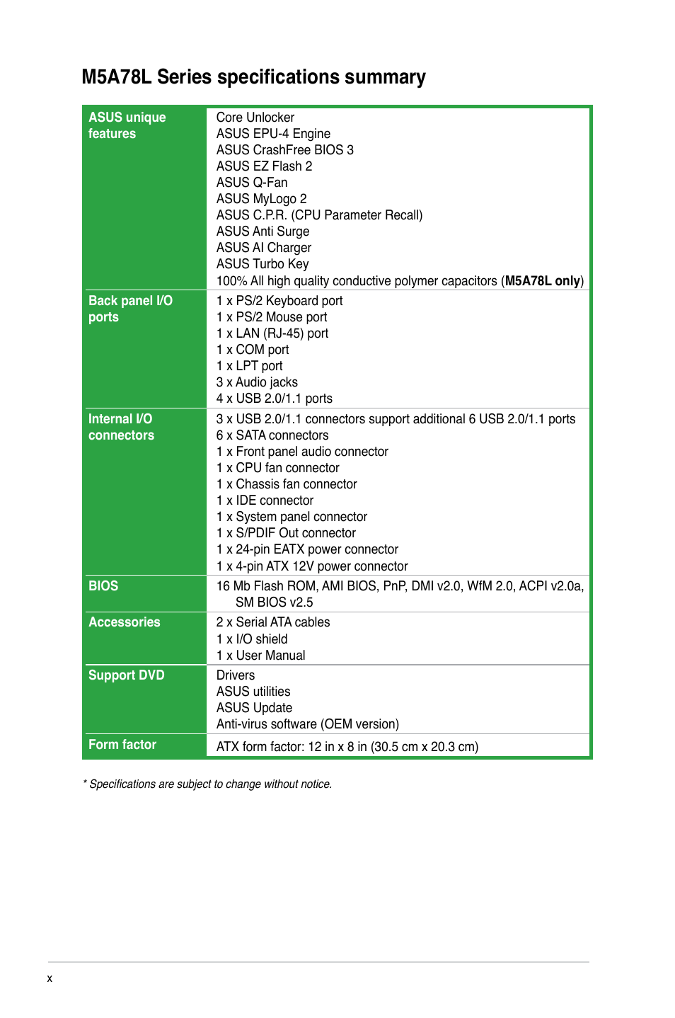 M5a78l series specifications summary | Asus M5A78L/USB3 User Manual | Page 10 / 66