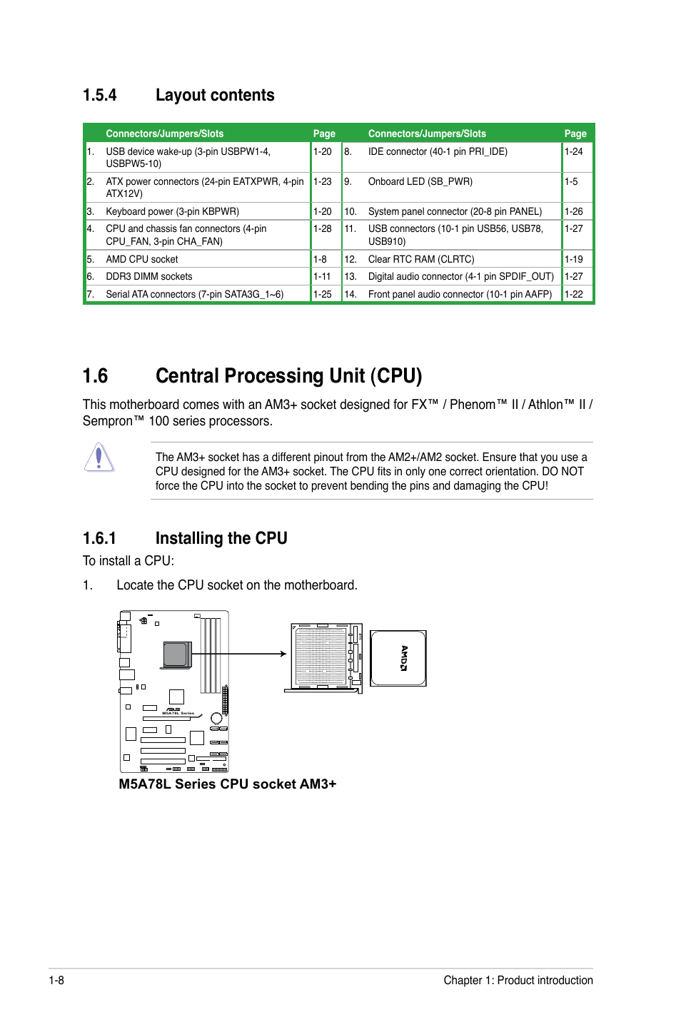 4 layout contents, 6 central processing unit (cpu), 1 installing the cpu | Layout contents -8, Central processing unit (cpu) -8 1.6.1, Installing the cpu -8 | Asus M5A78L/USB3 User Manual | Page 18 / 66