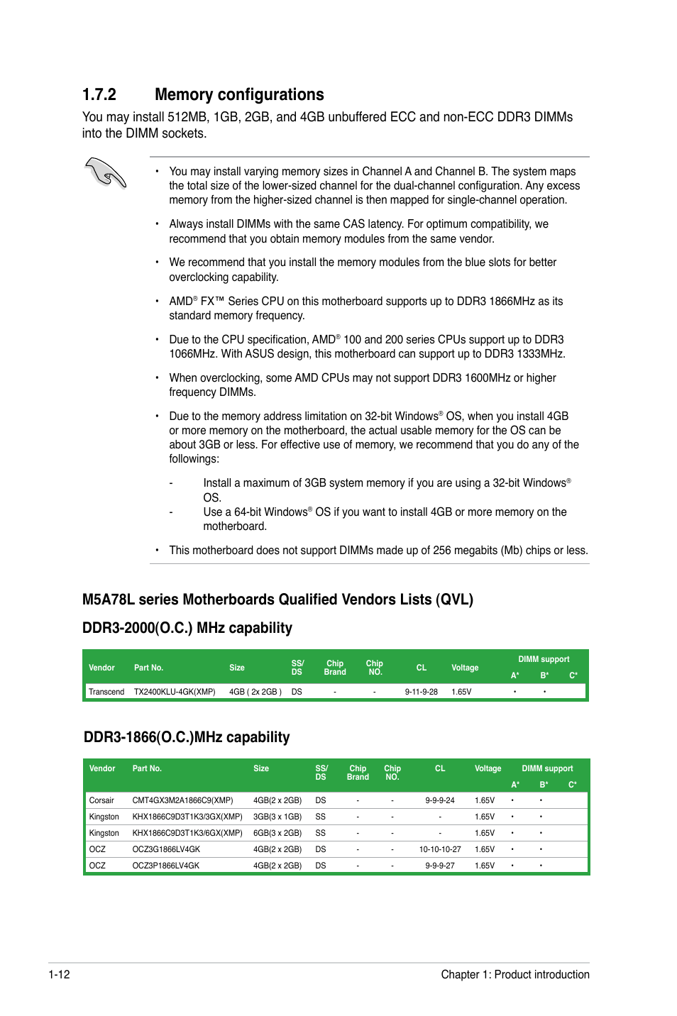 2 memory configurations, Memory configurations -12 | Asus M5A78L/USB3 User Manual | Page 22 / 66