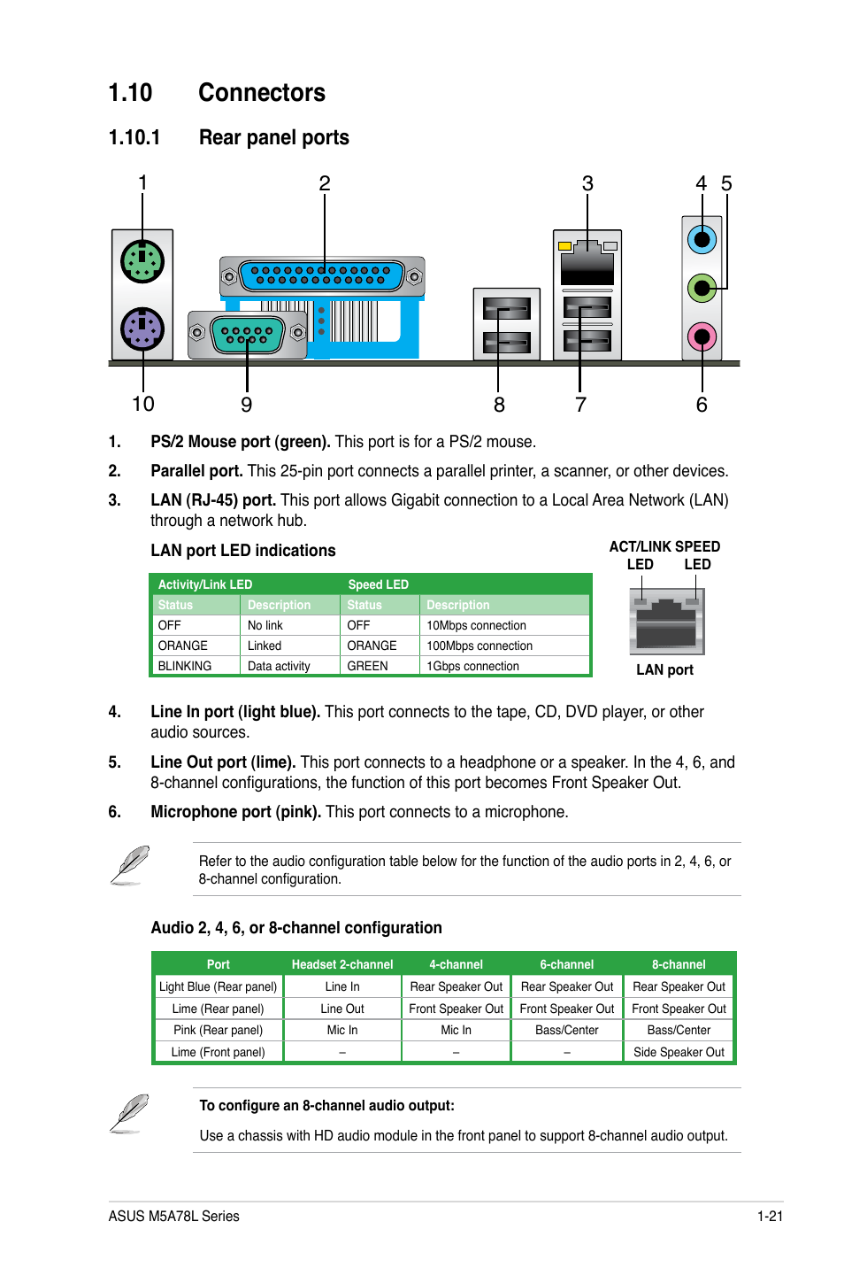 10 connectors, 1 rear panel ports, 10 connectors -21 | 1 rear panel ports -21 | Asus M5A78L/USB3 User Manual | Page 31 / 66