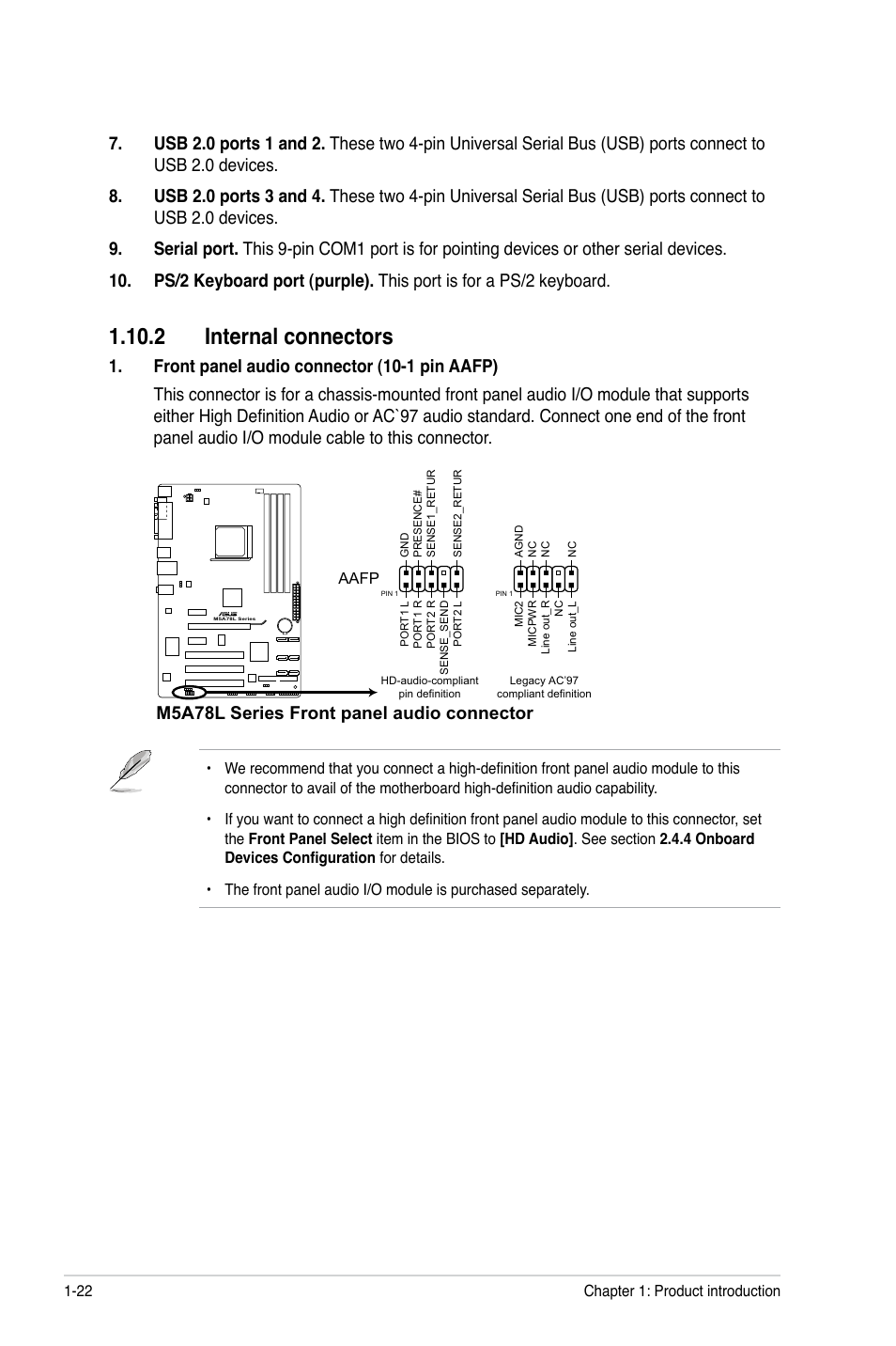 2 internal connectors, 2 internal connectors -22, M5a78l series front panel audio connector | Asus M5A78L/USB3 User Manual | Page 32 / 66
