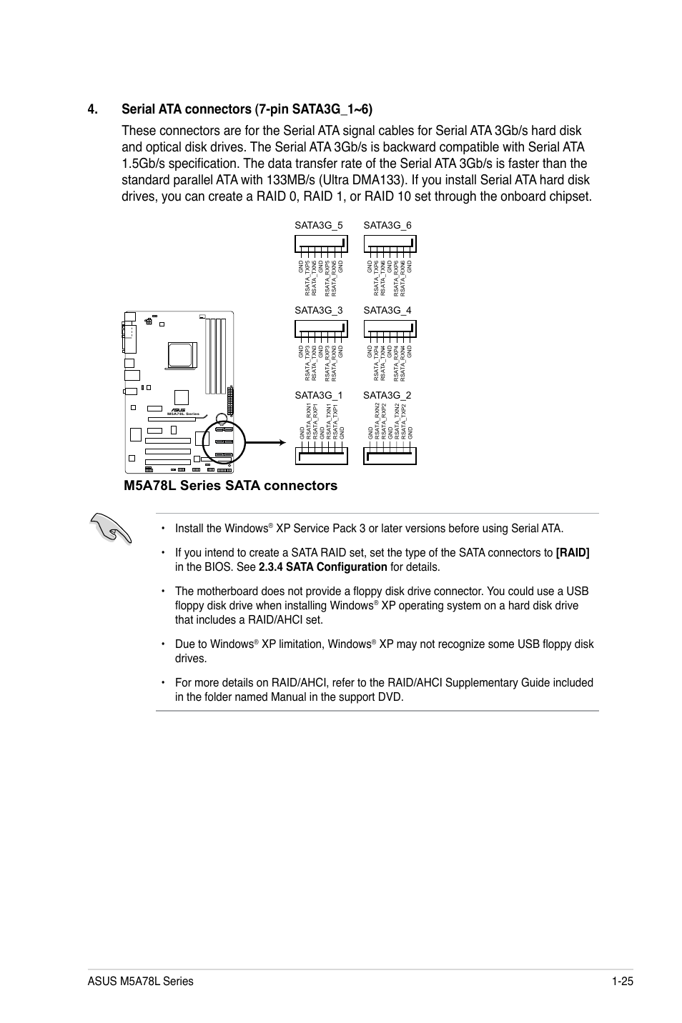 M5a78l series sata connectors, Install the windows, Xp limitation, windows | Asus M5A78L/USB3 User Manual | Page 35 / 66