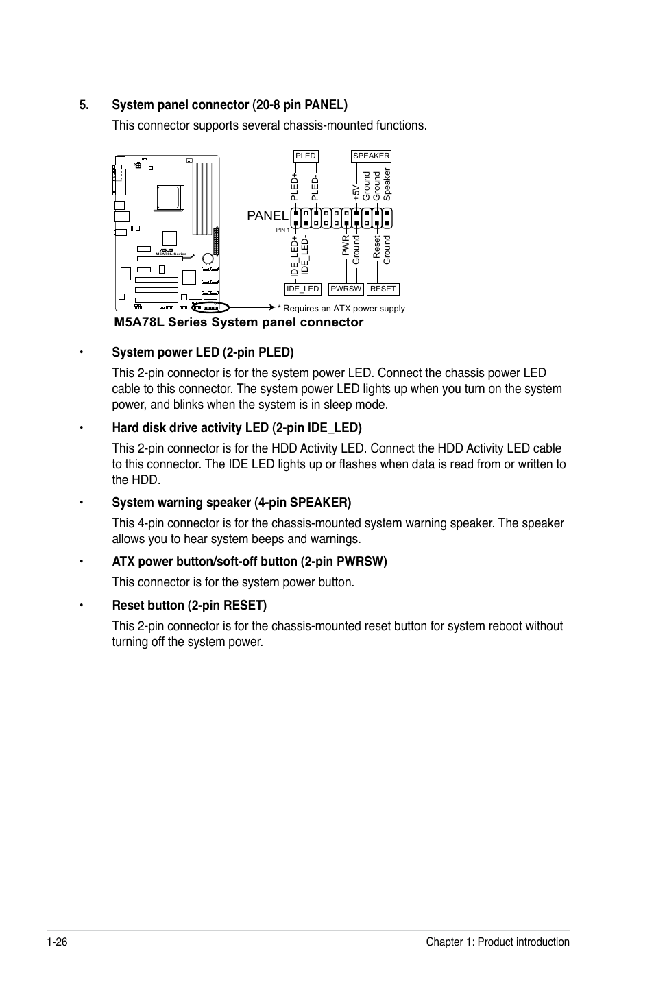 Panel, M5a78l series system panel connector | Asus M5A78L/USB3 User Manual | Page 36 / 66