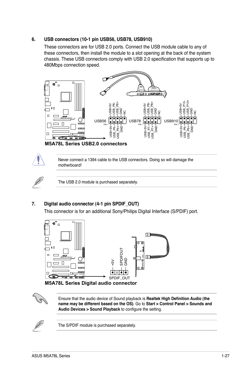 M5a78l series digital audio connector | Asus M5A78L/USB3 User Manual | Page 37 / 66