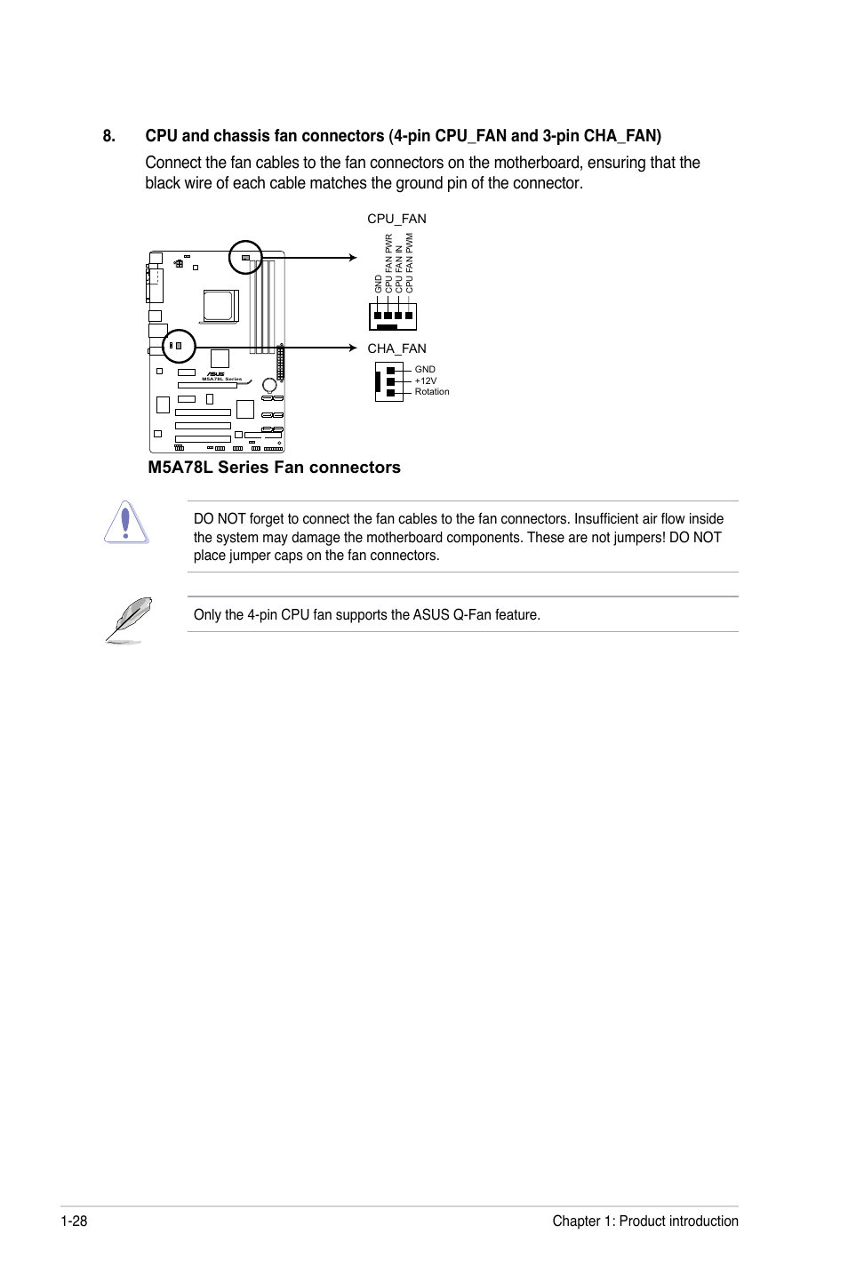 M5a78l series fan connectors, Chapter 1: product introduction 1-28 | Asus M5A78L/USB3 User Manual | Page 38 / 66