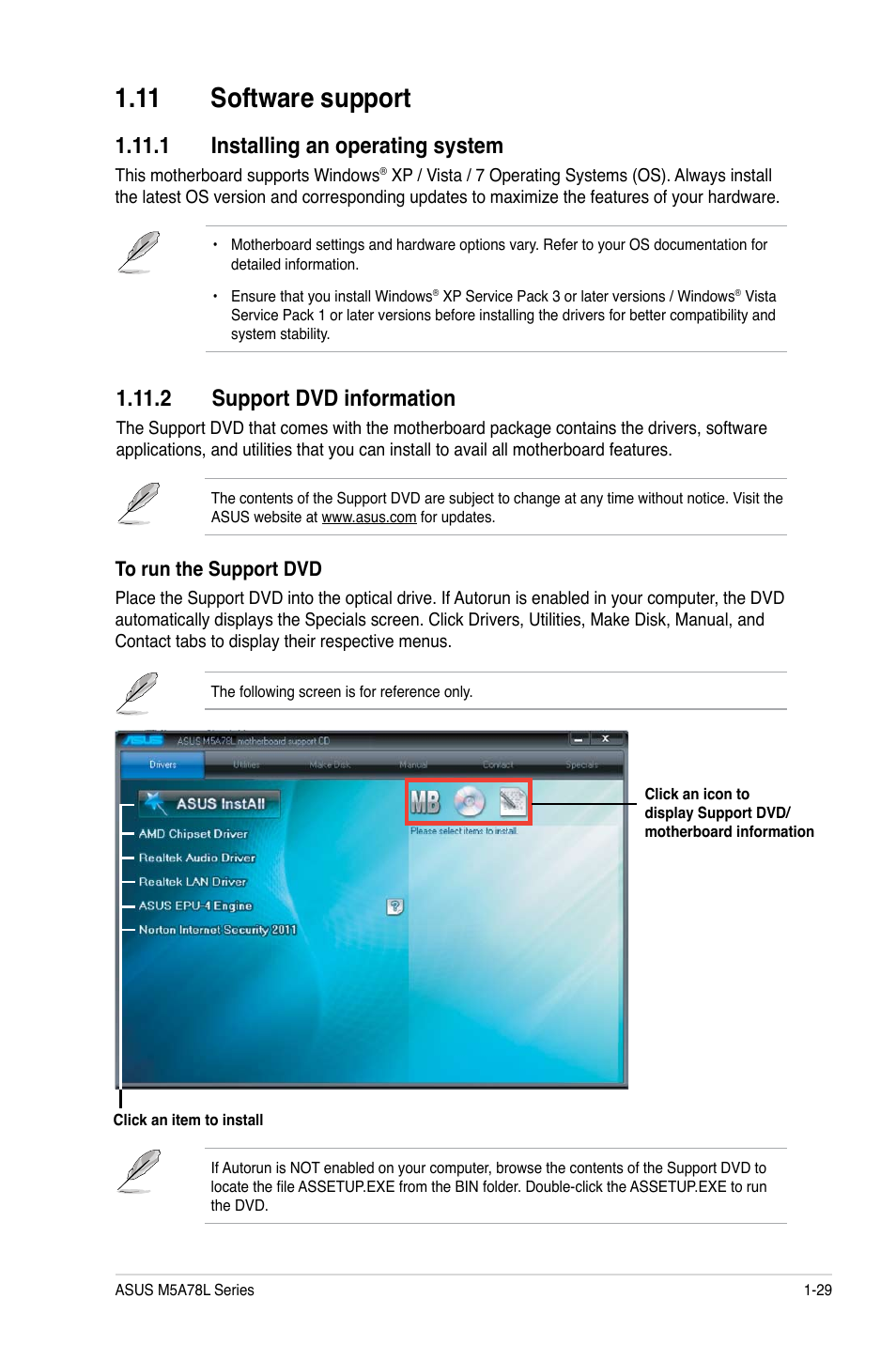 11 software support, 1 installing an operating system, 2 support dvd information | 11 software support -29 | Asus M5A78L/USB3 User Manual | Page 39 / 66