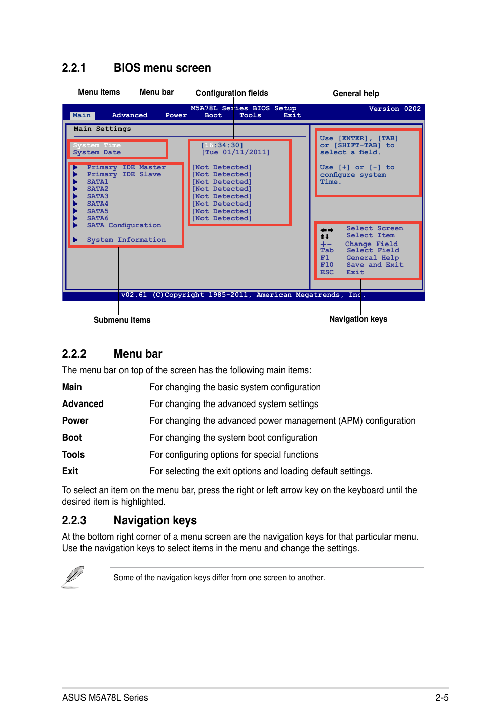 1 bios menu screen, 2 menu bar, 3 navigation keys | Bios menu screen -5, Menu bar -5, Navigation keys -5, 1 bios menu screen 2.2.2 menu bar | Asus M5A78L/USB3 User Manual | Page 45 / 66
