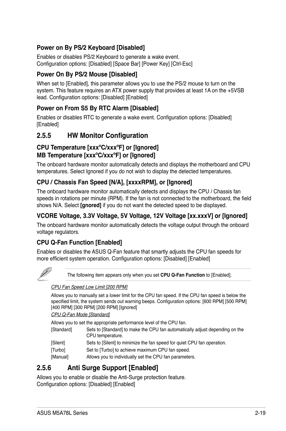 5 hw monitor configuration, 6 anti surge support [enabled, Hw monitor configuration -19 | Anti surge support [enabled] -19 | Asus M5A78L/USB3 User Manual | Page 59 / 66