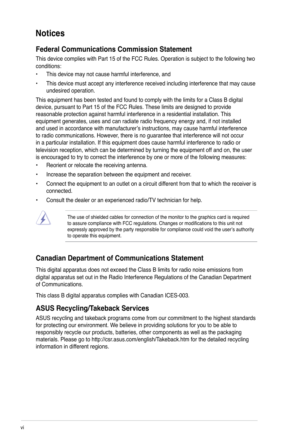 Notices, Federal communications commission statement, Canadian department of communications statement | Asus recycling/takeback services | Asus M5A78L/USB3 User Manual | Page 6 / 66