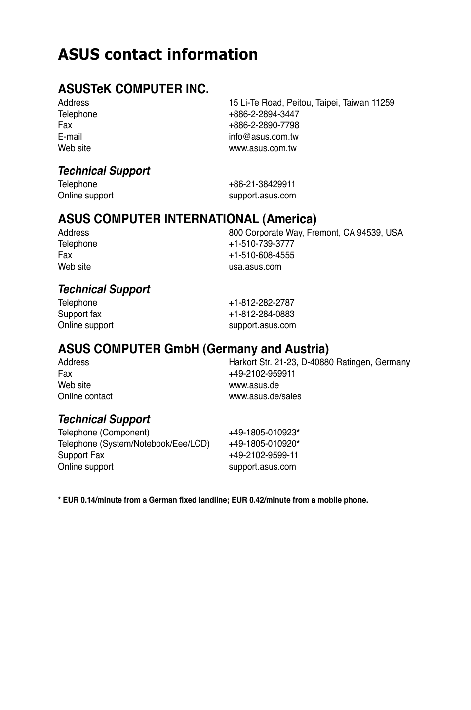 Asus contact information, Asustek computer inc, Asus computer international (america) | Asus computer gmbh (germany and austria), Technical support | Asus M5A78L/USB3 User Manual | Page 65 / 66