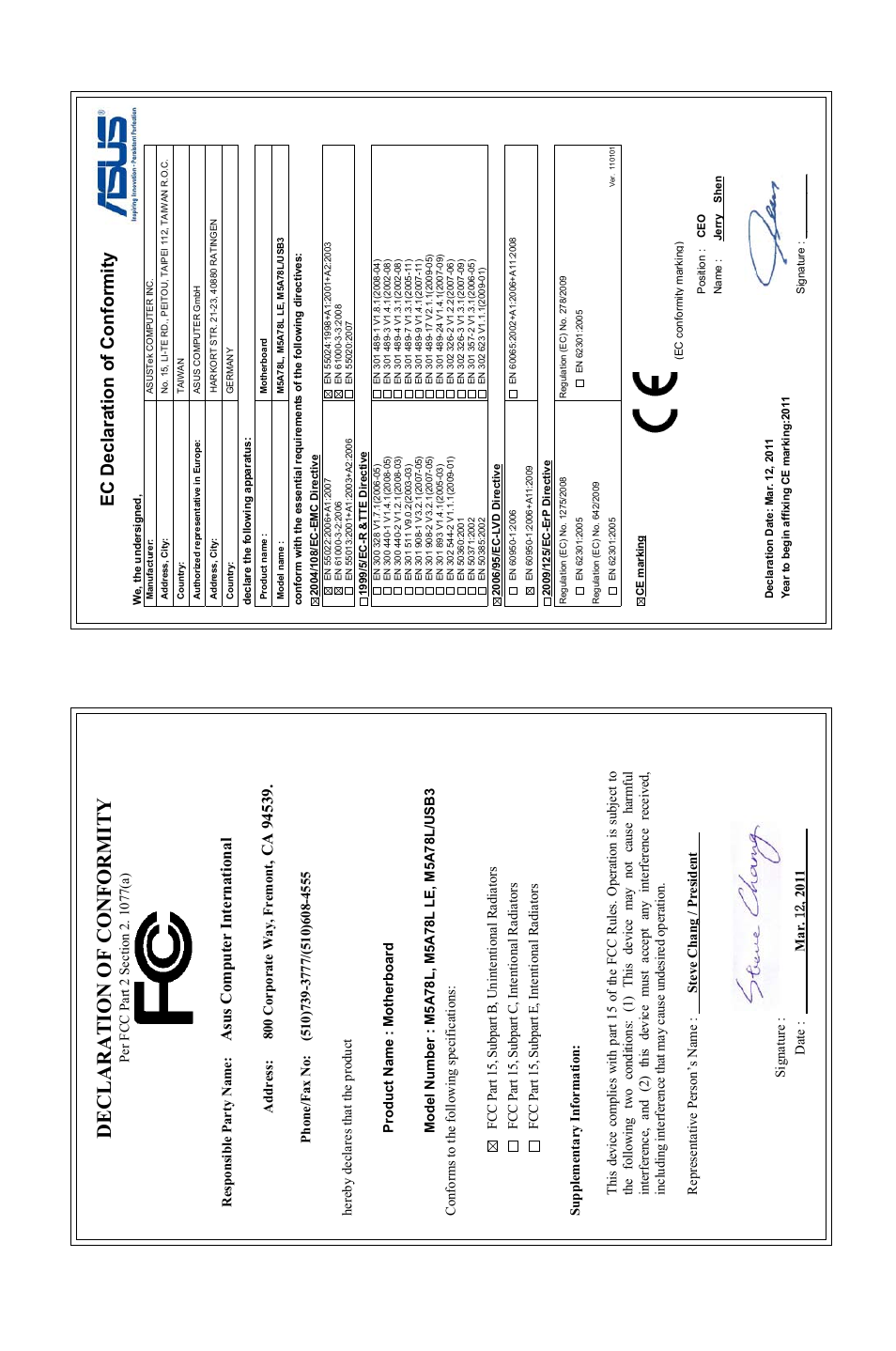 Declaration of conformity, Ec declaration of conformity, Asu s c om pu te r in te rn at io na l | Asus M5A78L/USB3 User Manual | Page 66 / 66