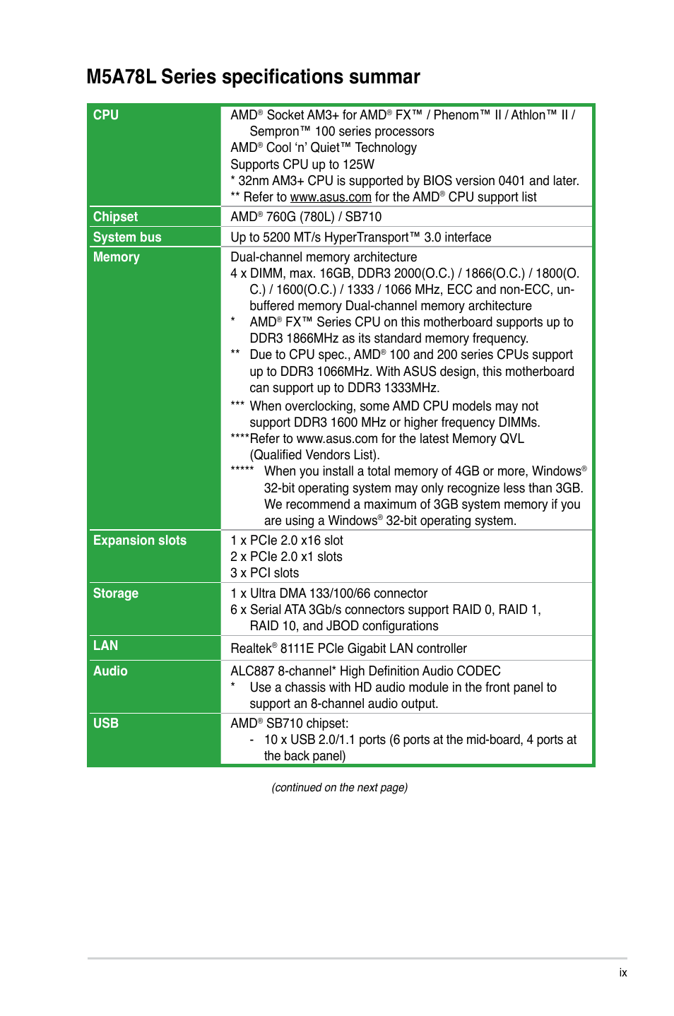 M5a78l series specifications summar | Asus M5A78L/USB3 User Manual | Page 9 / 66