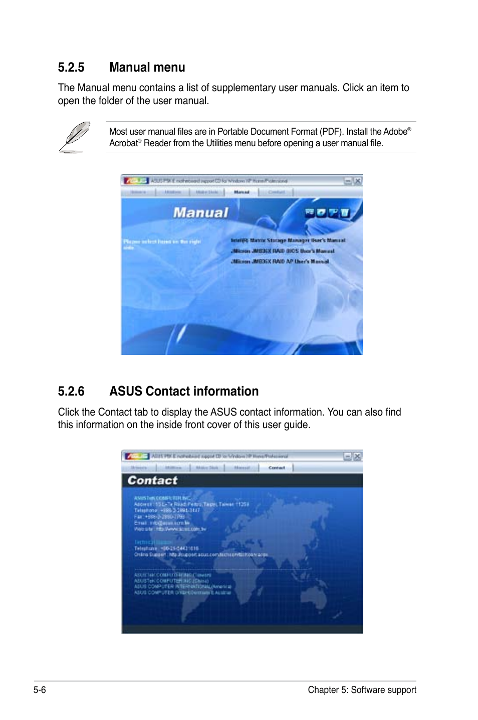 6 asus contact information, 5 manual menu | Asus P5K-E/WiFi-AP User Manual | Page 114 / 180