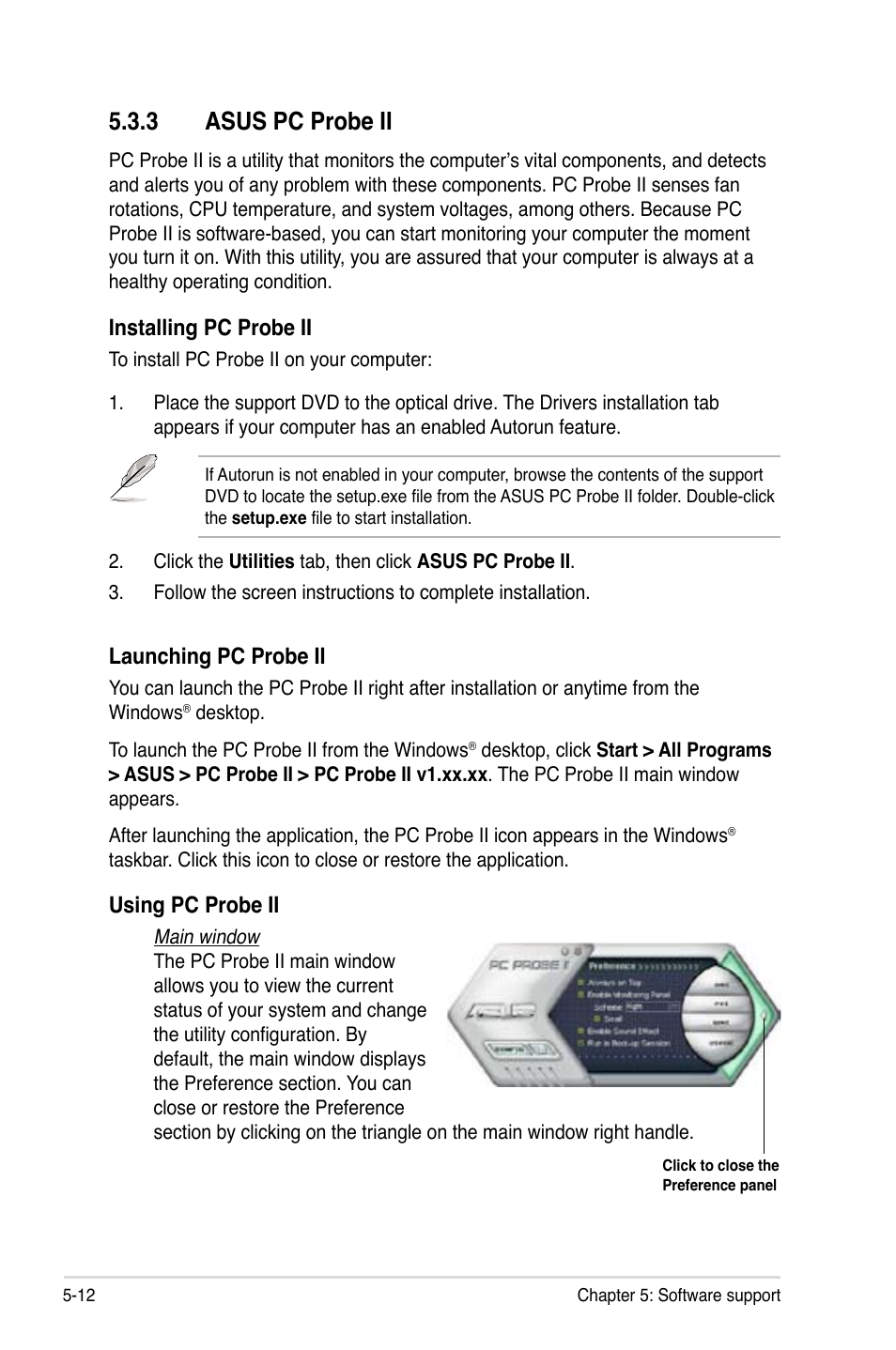3 asus pc probe ii, Installing pc probe ii, Launching pc probe ii | Using pc probe ii | Asus P5K-E/WiFi-AP User Manual | Page 120 / 180