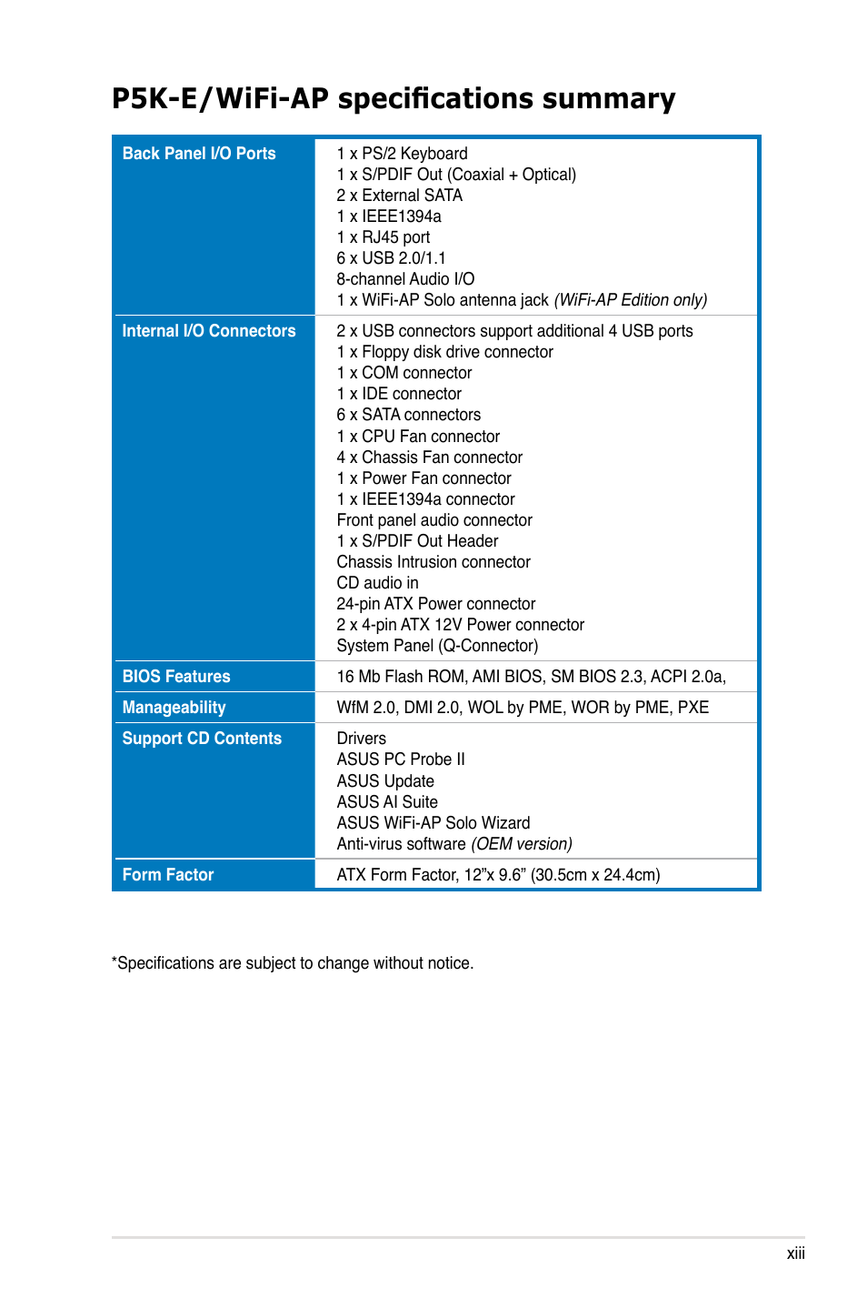 P5k-e/wifi-ap specifications summary | Asus P5K-E/WiFi-AP User Manual | Page 13 / 180