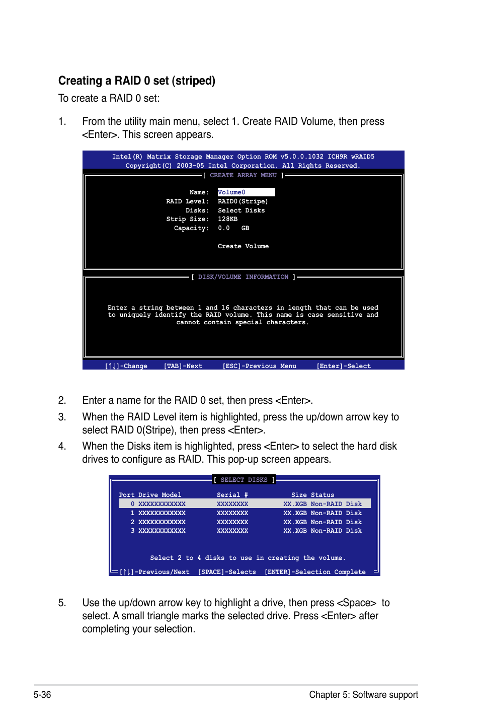 Creating a raid 0 set (striped) | Asus P5K-E/WiFi-AP User Manual | Page 144 / 180