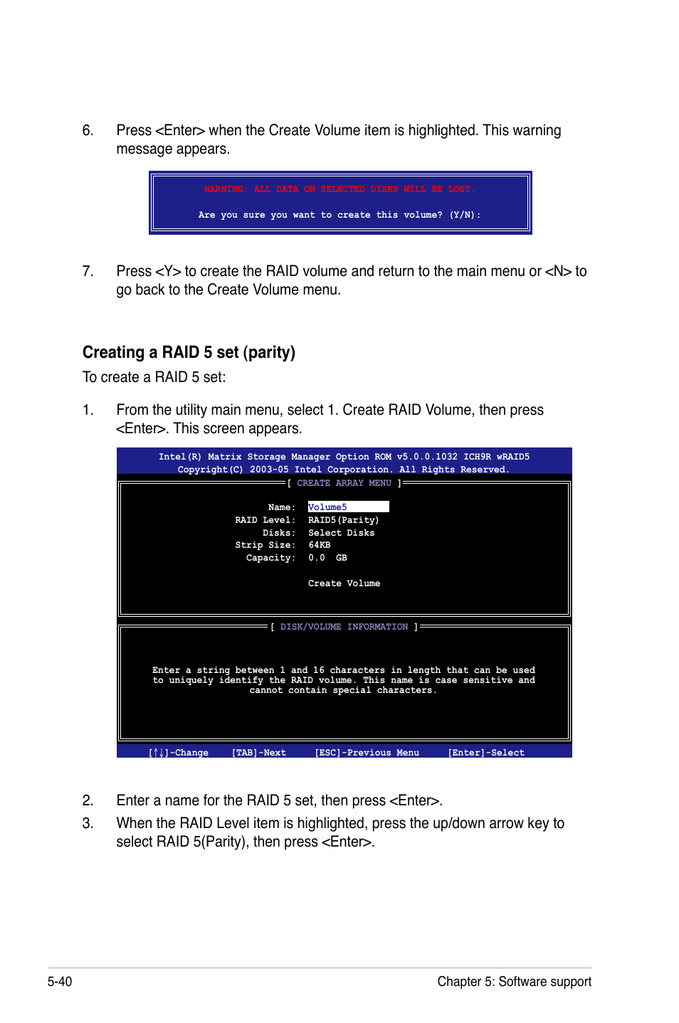 Creating a raid 5 set (parity) | Asus P5K-E/WiFi-AP User Manual | Page 148 / 180