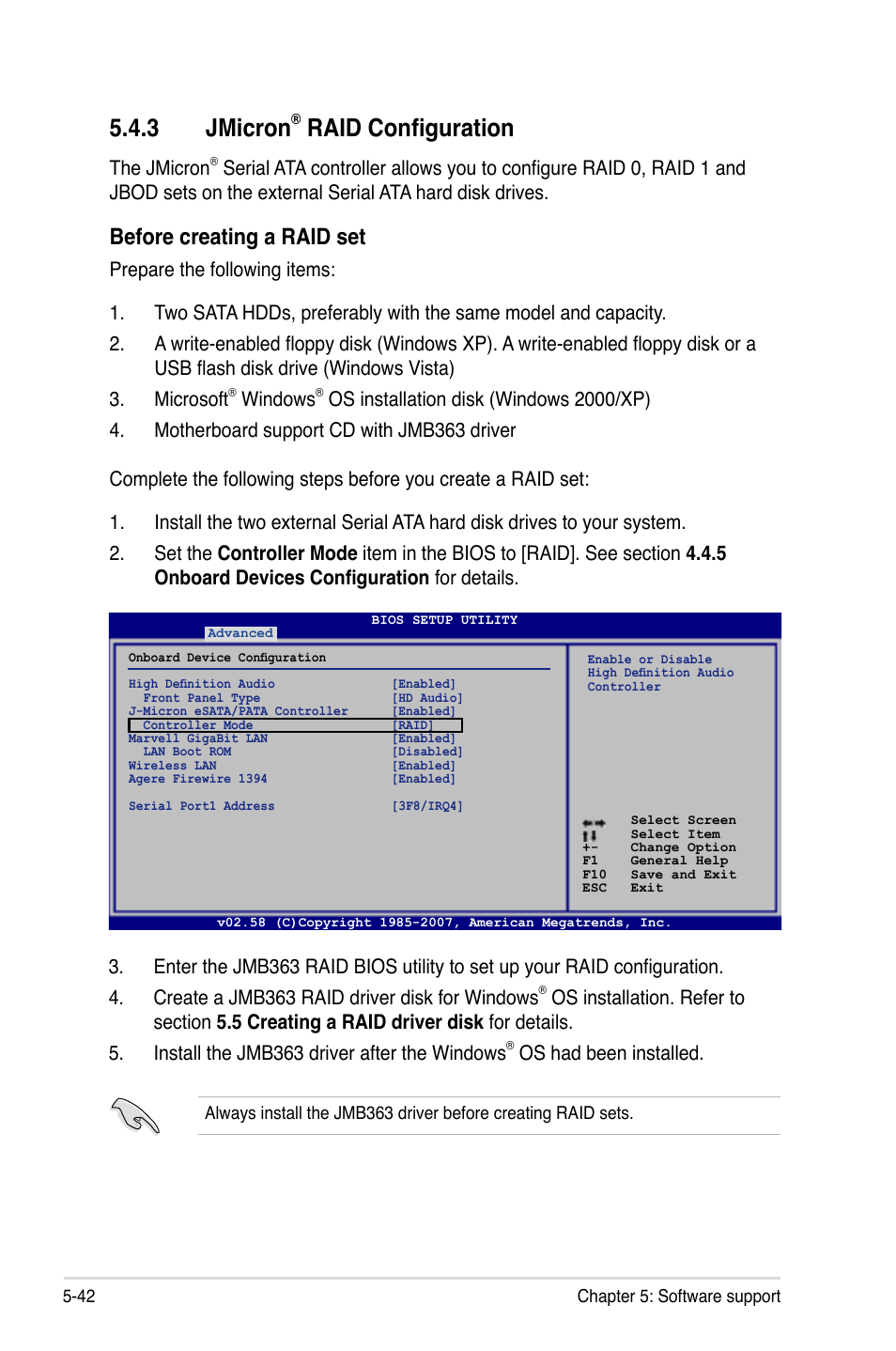 3 jmicron, Raid configuration, Before creating a raid set | The jmicron, Windows, Os had been installed | Asus P5K-E/WiFi-AP User Manual | Page 150 / 180